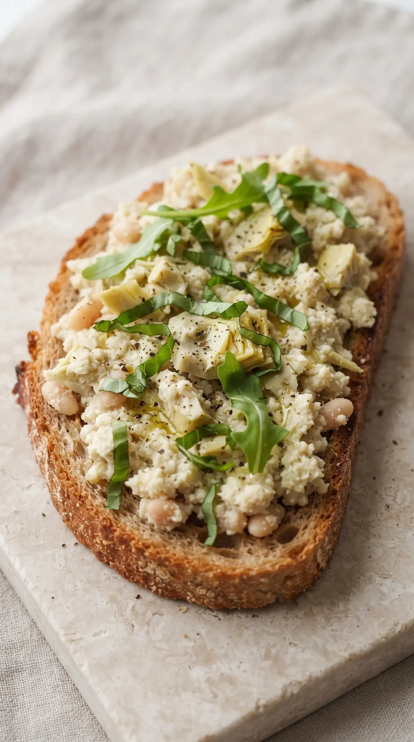 Finished white bean artichoke toast topped with basil, greens, and artichoke pieces
