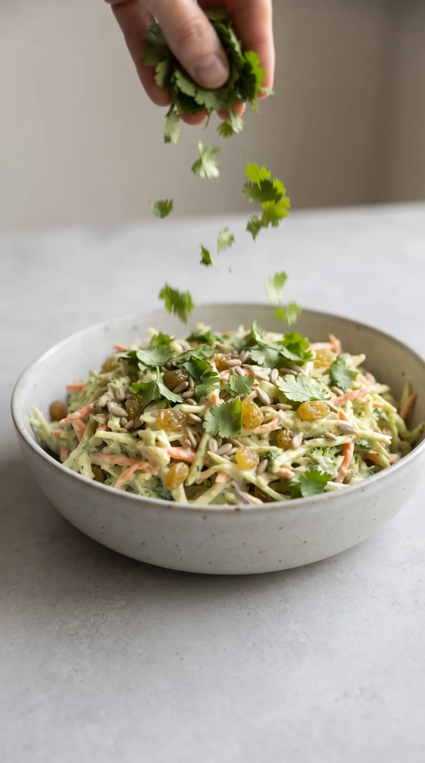 Green curry salad topped with fresh cilantro over creamy slaw with raisins and seeds