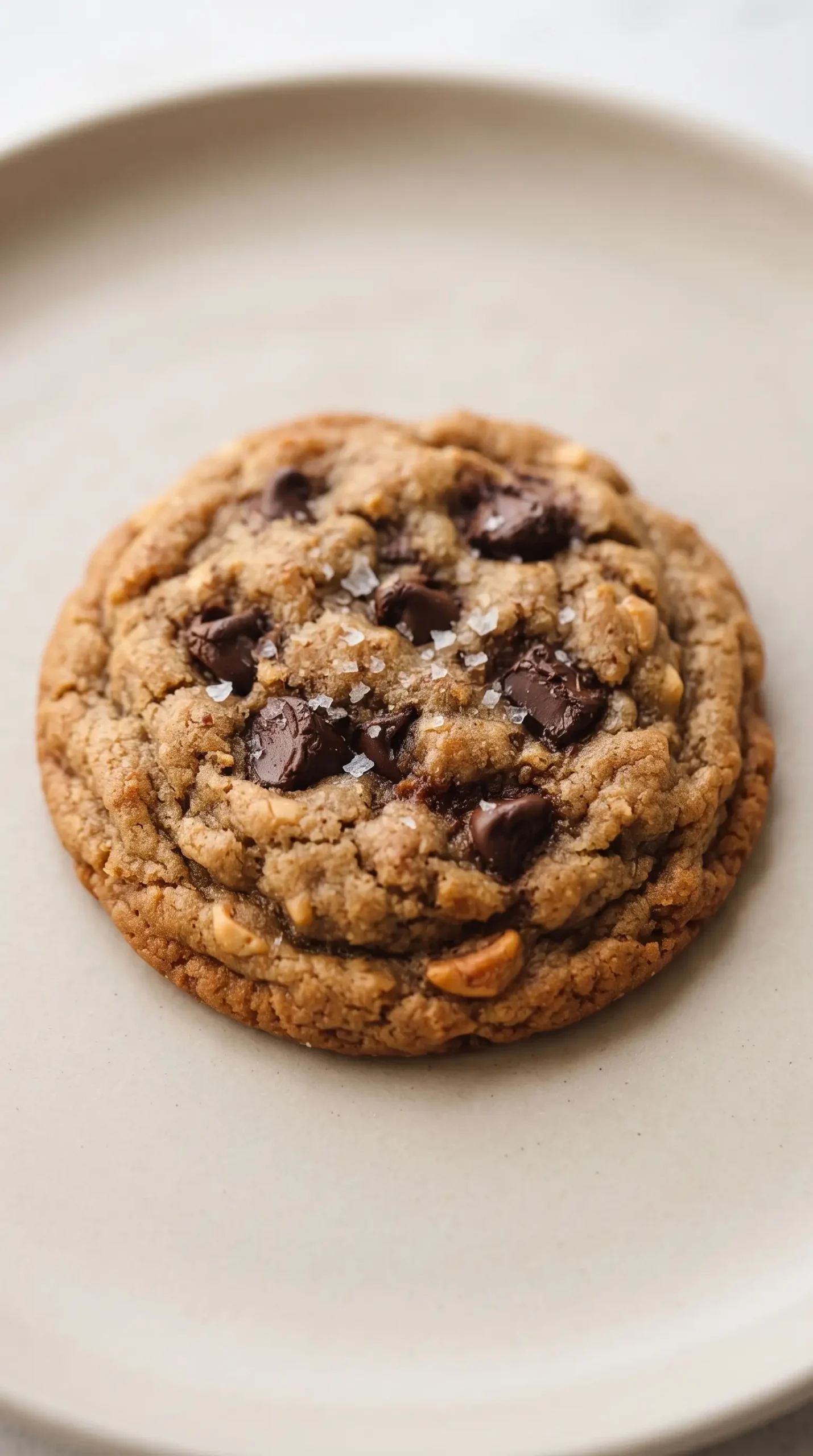 Professional close-up food photograph of one freshly baked peanut butter chocolate chip cookie from this exact recipe, centered as the single primary subject on a simple light neutral surface. The cookie has naturally darker caramel-brown coloring from coconut sugar, clearly golden edges, visible chocolate chips, and a center that remains slightly soft and underdone-looking while the edges are set. Show realistic homemade texture with subtle cracks and an uneven natural surface rather than perfect symmetry. The cookie should appear just correctly baked according to the recipe's 11-to-13-minute visual cue, with no visible steam or heat effects. Keep the composition tight and simple, with soft natural daylight and gentle shadows. Do not show a stack, multiple cookies, a plate of assorted servings, decorative linens, wooden boards, or an overly polished commercial look.