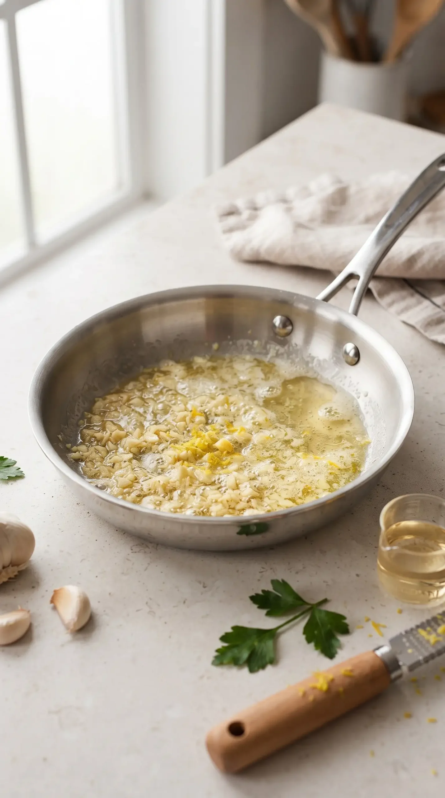 Garlic, butter, lemon, and parsley cooking as the base for shrimp scampi sauce