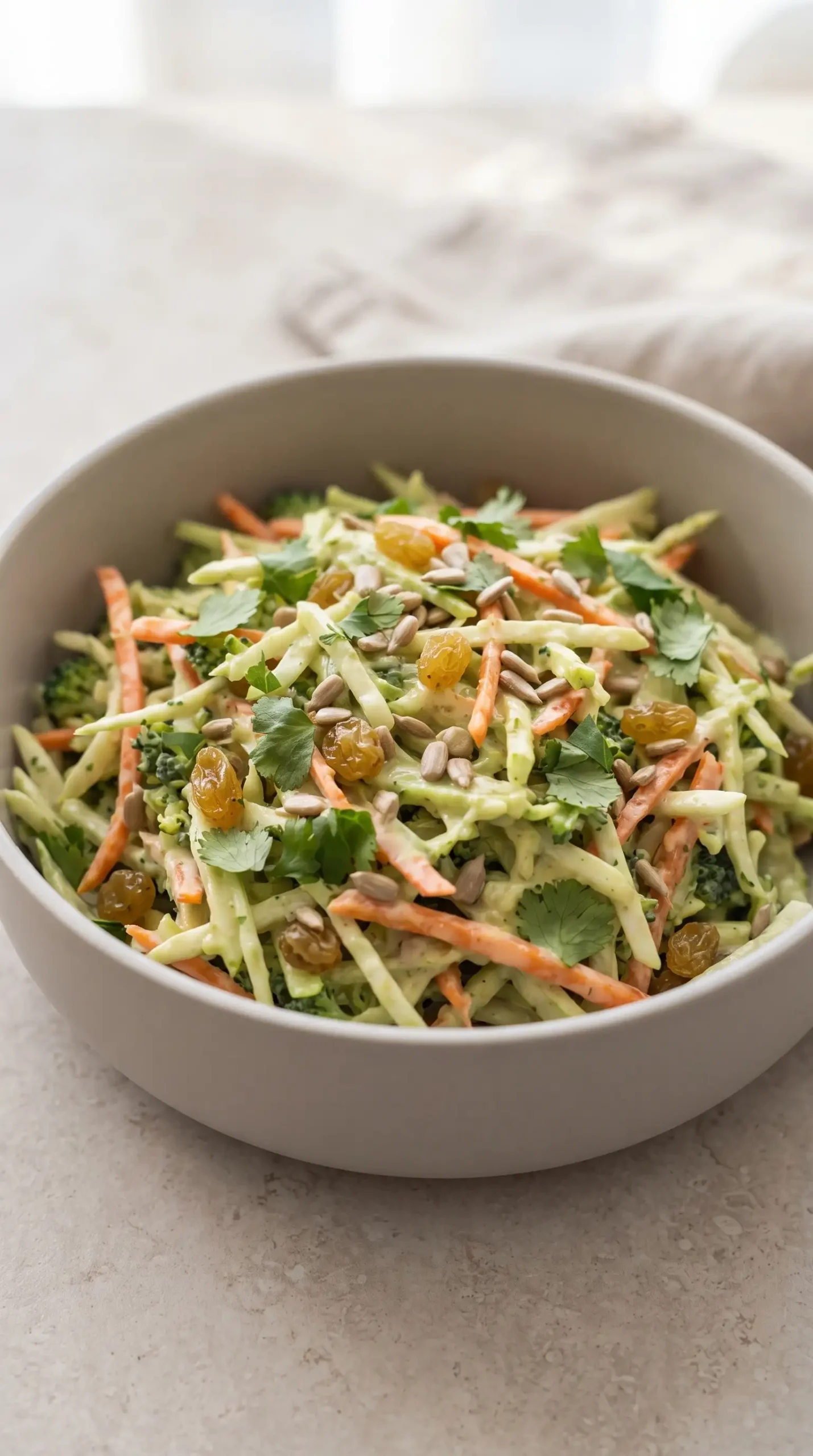 Green curry salad showing crisp broccoli slaw, carrots, raisins, seeds, and creamy dressing