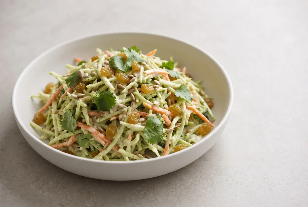 Green curry salad with shredded vegetables, coconut curry dressing, raisins, seeds, and cilantro
