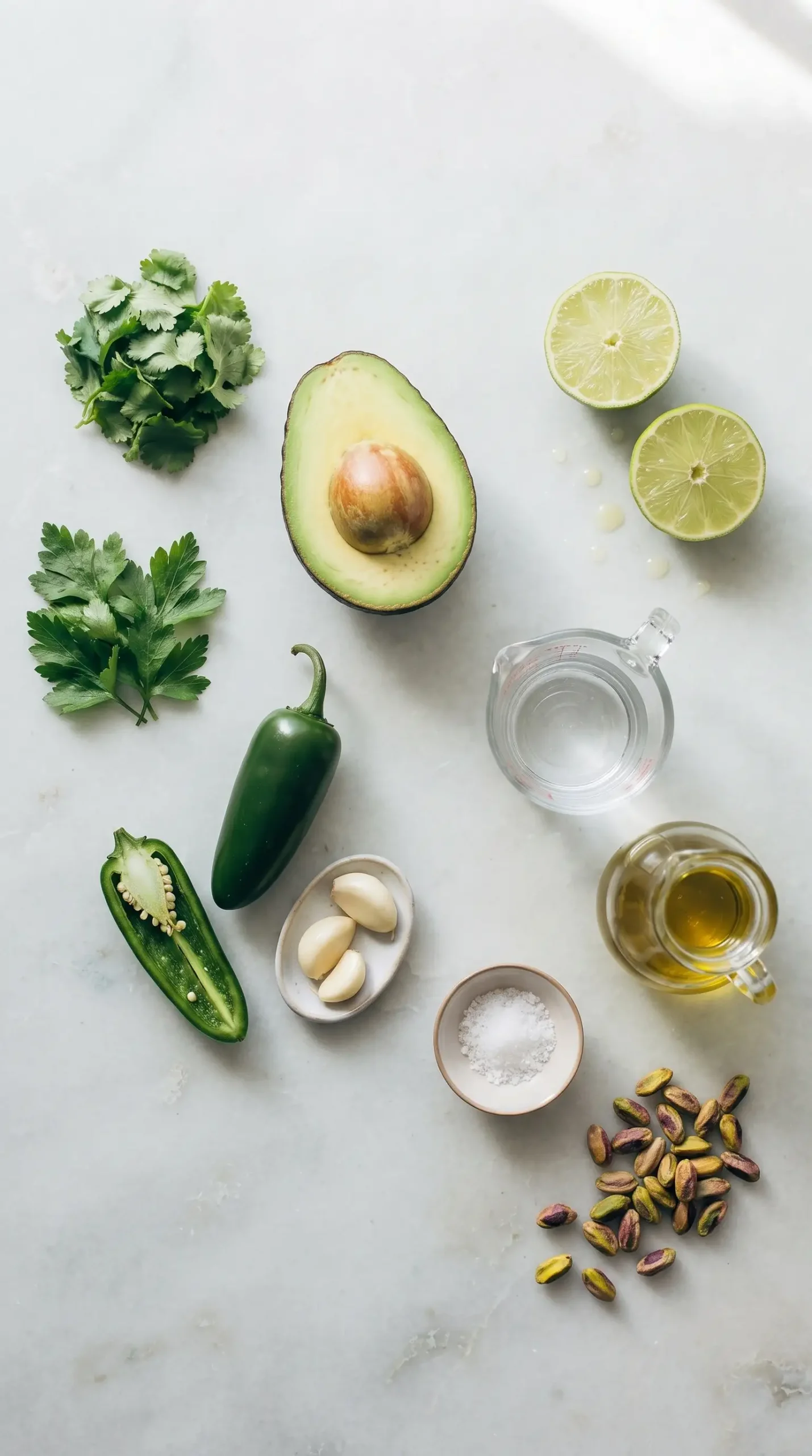 Avocado, herbs, lime, jalapeño, garlic, olive oil, and pistachios for green sauce