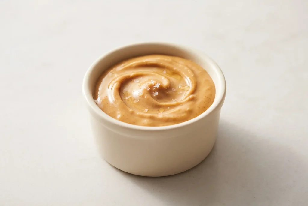 Bowl of smooth homemade peanut butter with a creamy golden texture