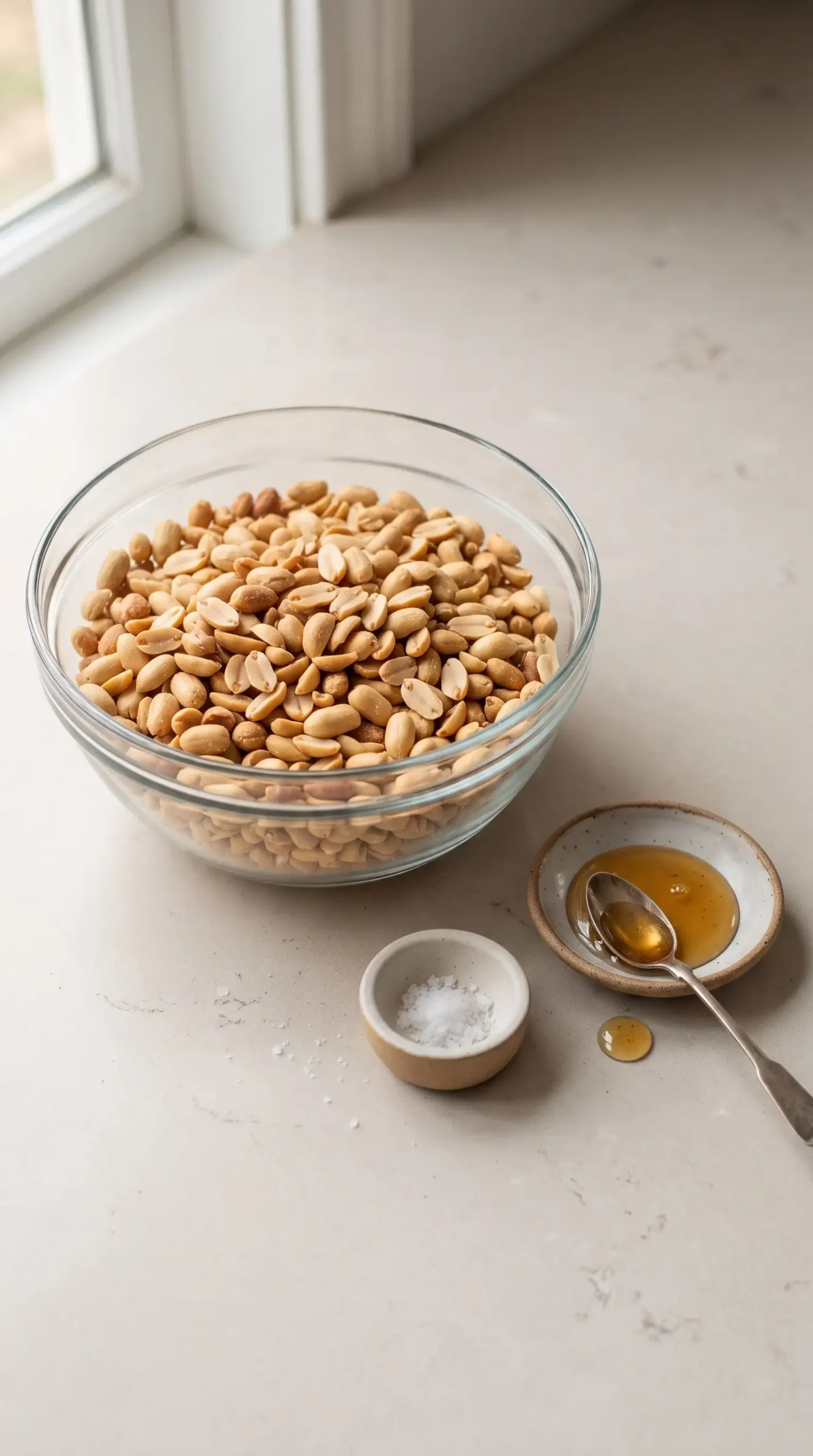Dry roasted peanuts with honey and salt for homemade peanut butter