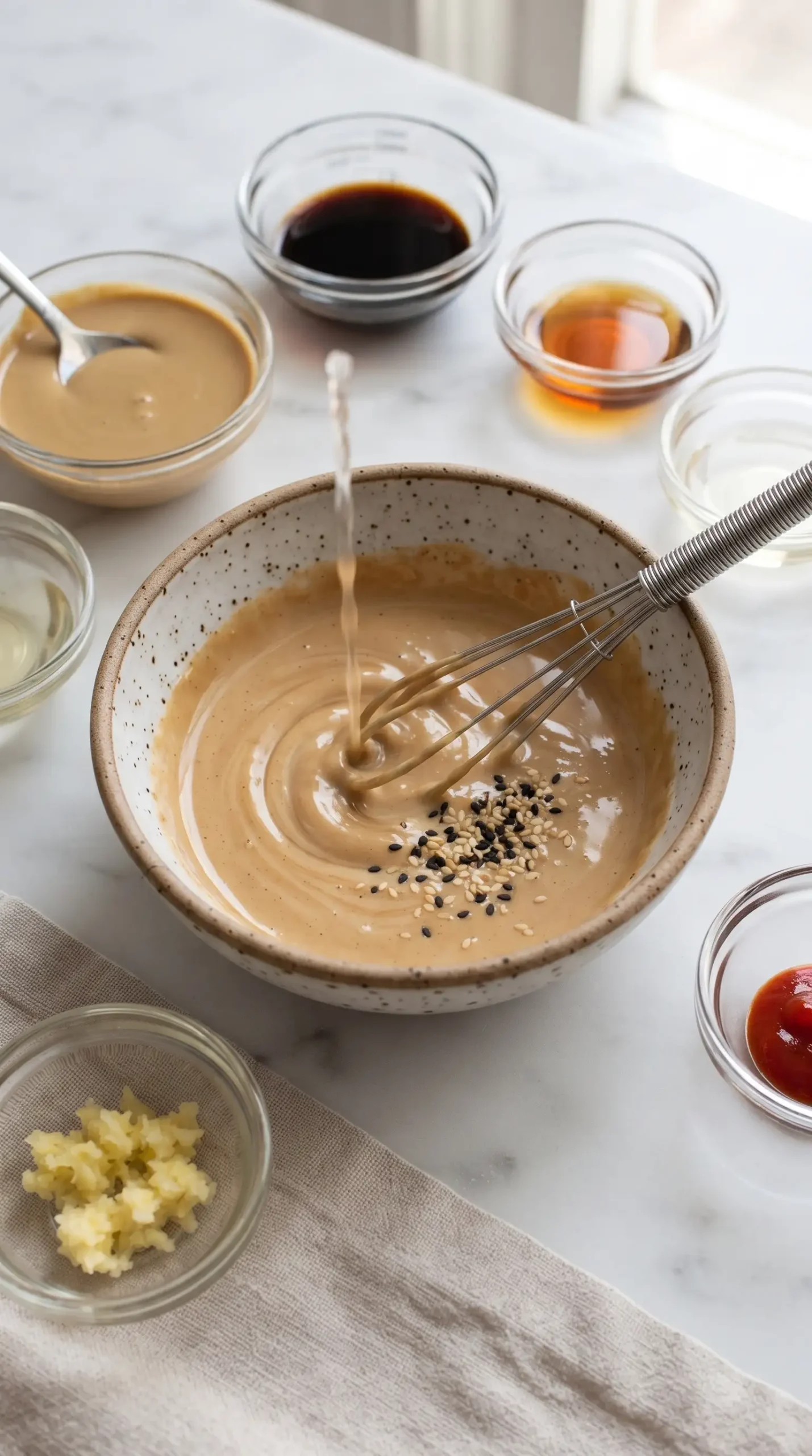 Creamy sesame sauce being whisked with tahini, soy sauce, and seasonings