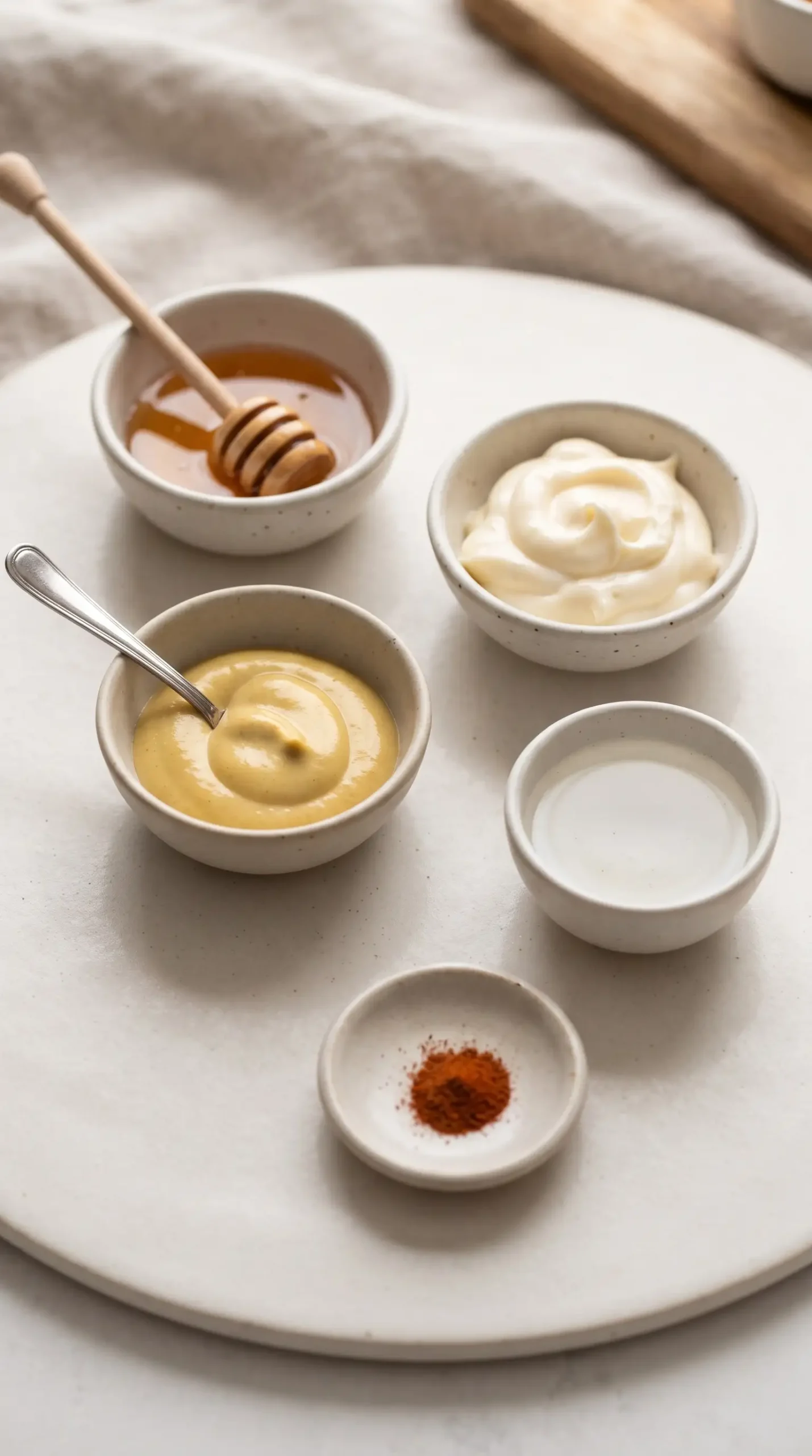 Honey, Dijon mustard, mayonnaise, vinegar, and cayenne arranged for honey mustard sauce