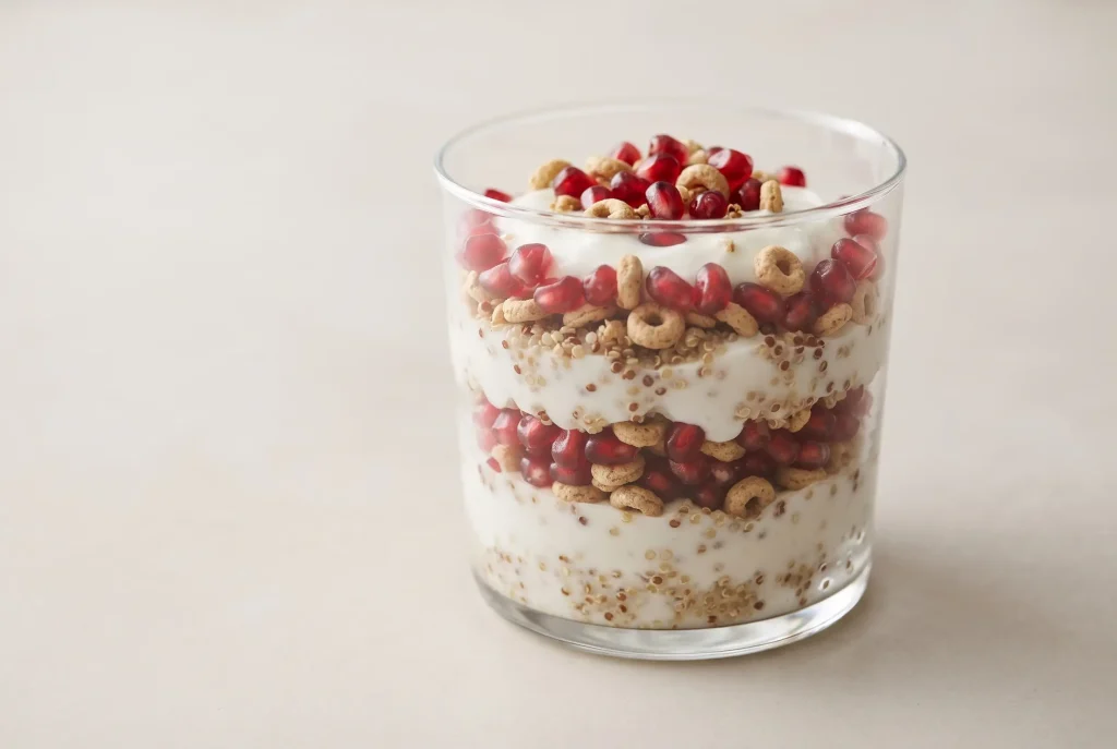 Honey yogurt parfait layered with quinoa, cereal, and pomegranate arils in a glass