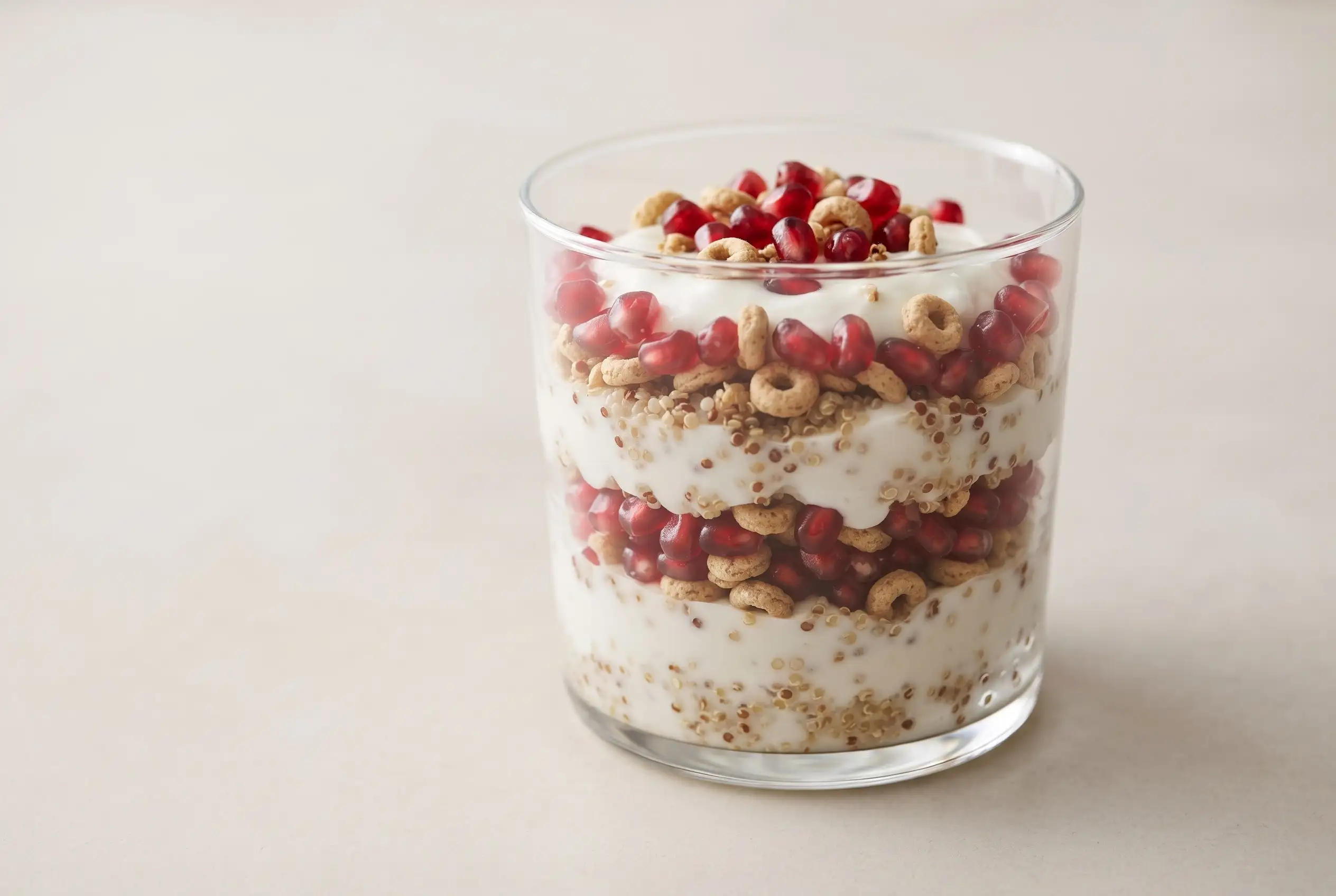 Honey yogurt parfait layered with quinoa, cereal, and pomegranate arils in a glass