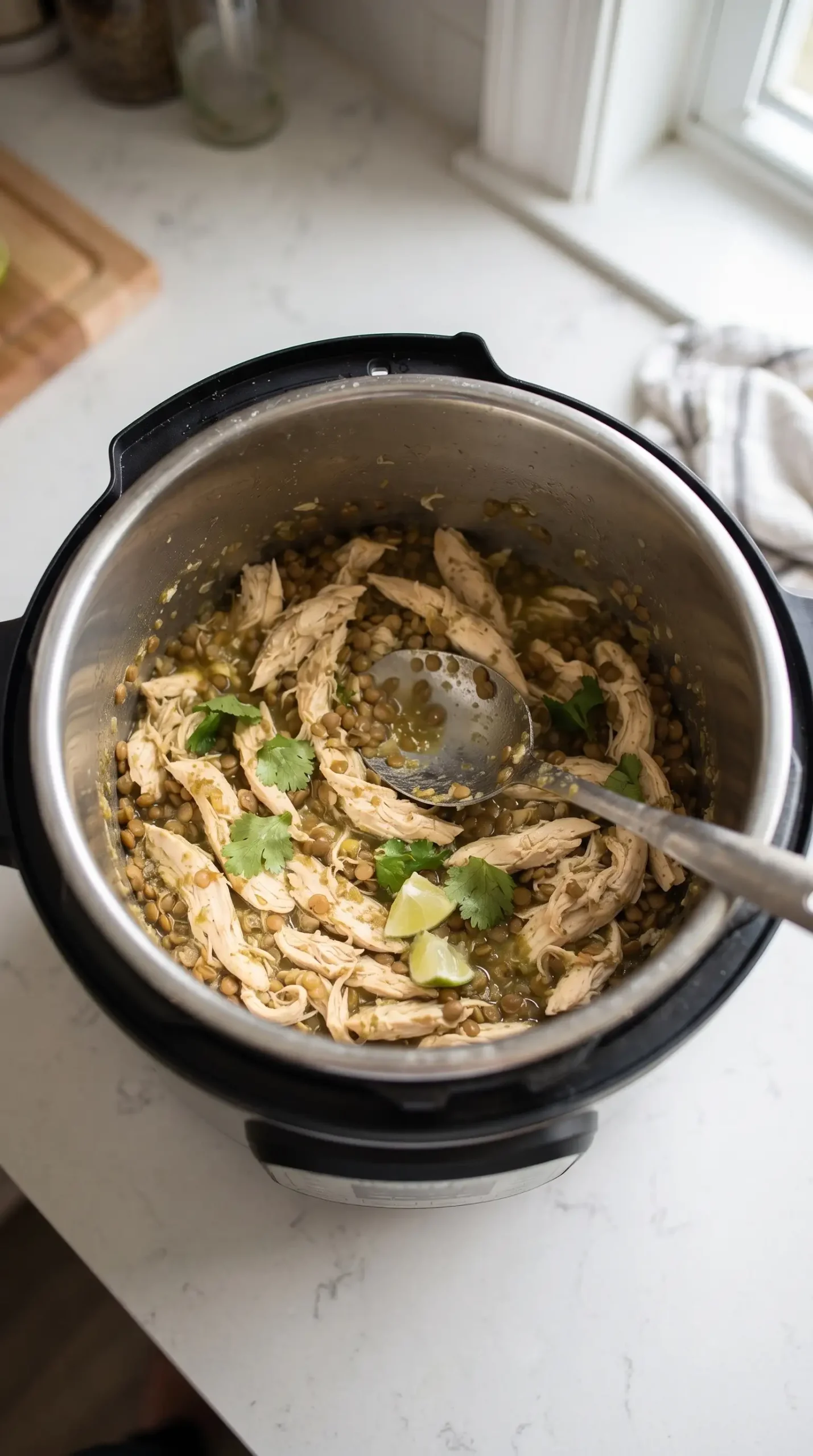 Instant Pot chicken and lentils cooking with salsa verde and broth