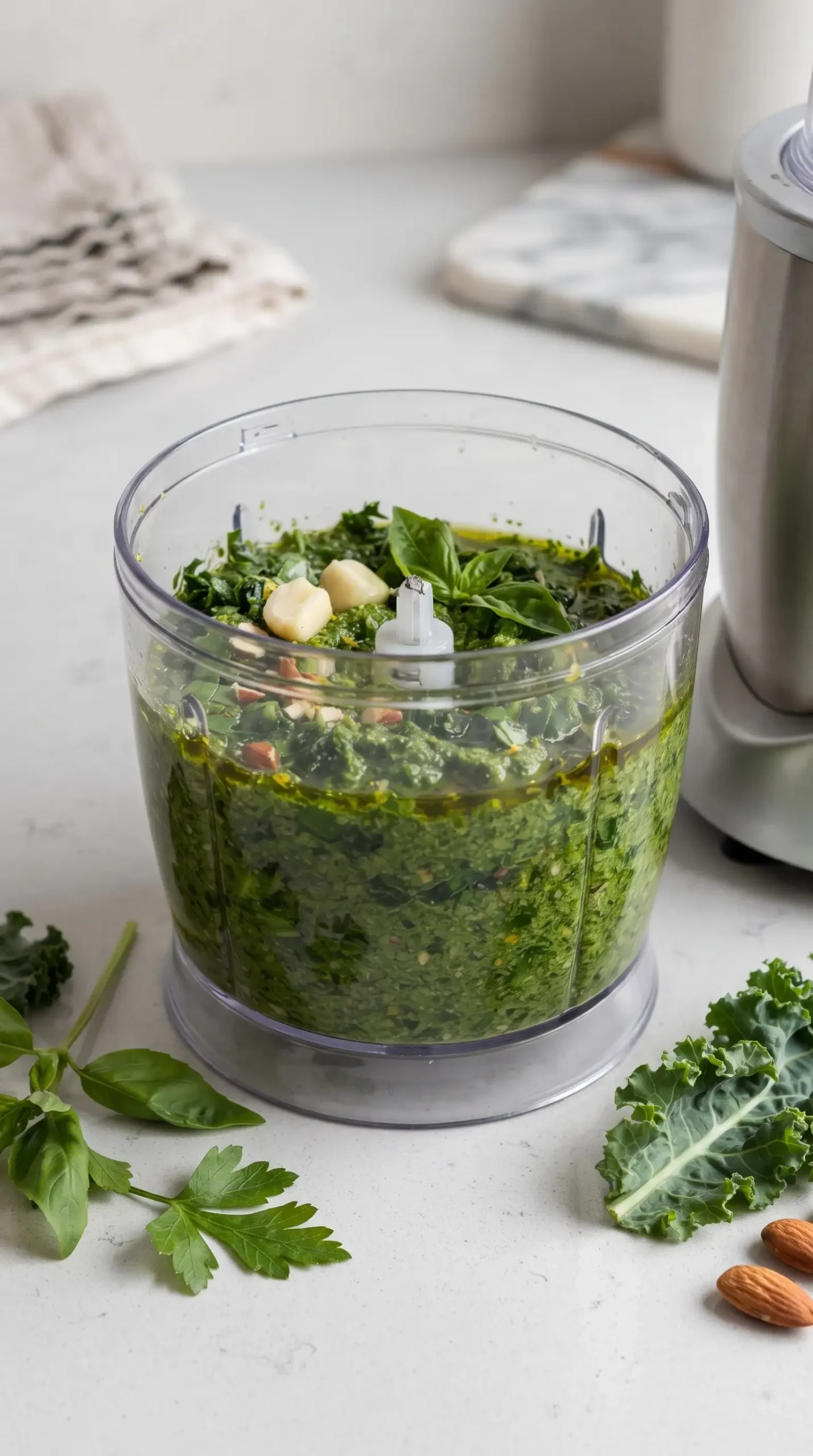 Homemade kale almond pesto with greens, herbs, garlic, almonds, and lemon