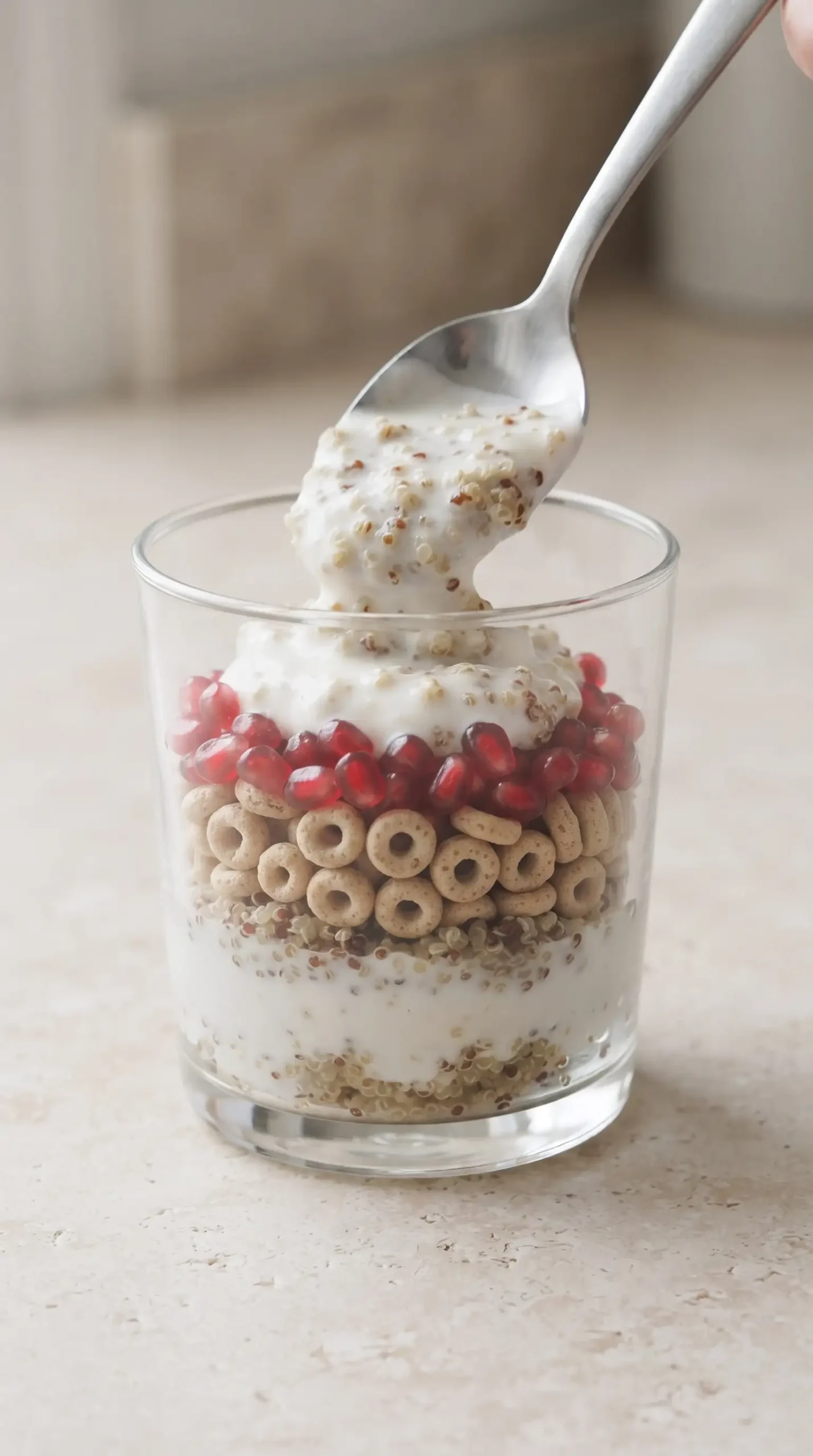 Honey yogurt parfait being layered with cereal and pomegranate arils