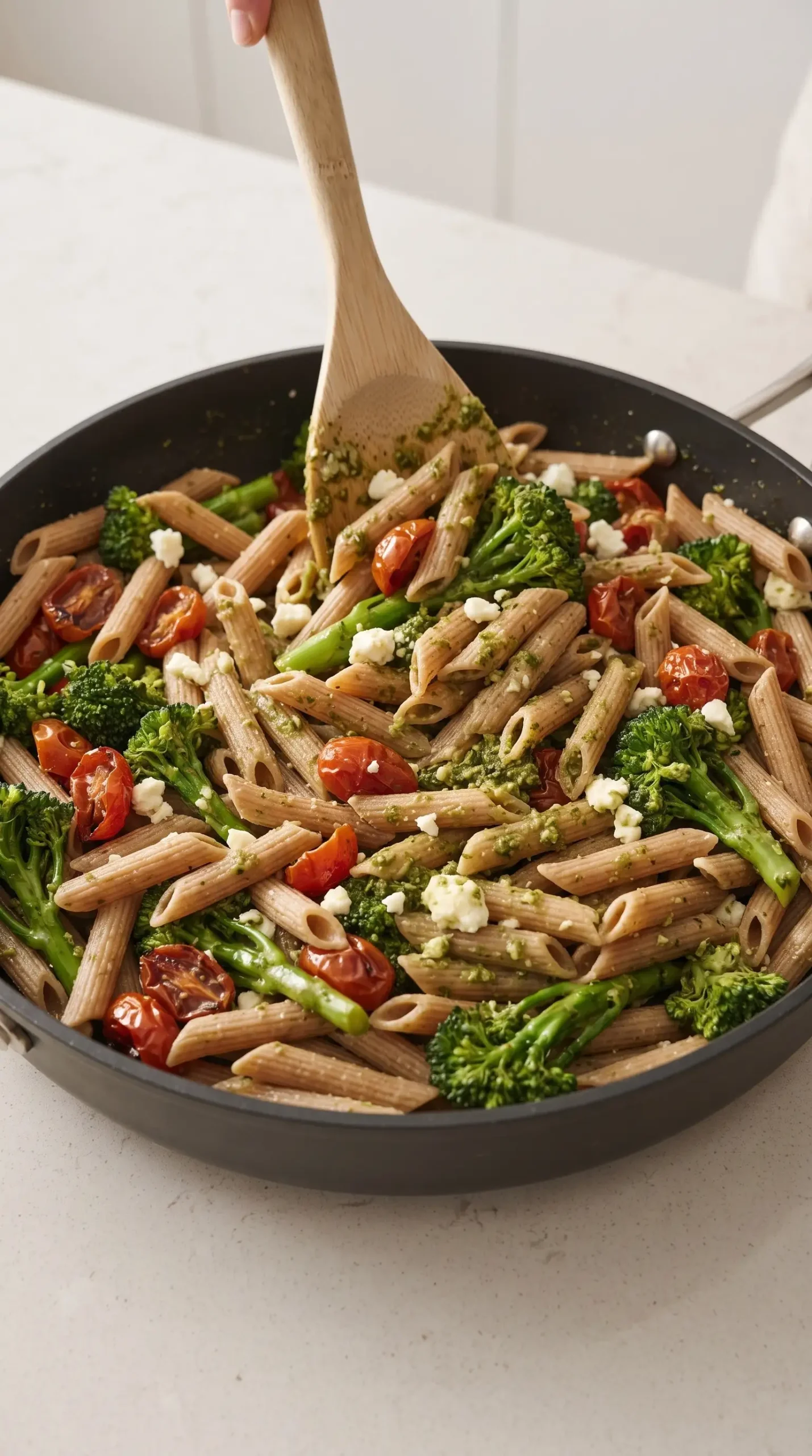 Lemon pesto penne with broccoli, roasted tomatoes, and feta being mixed in a skillet