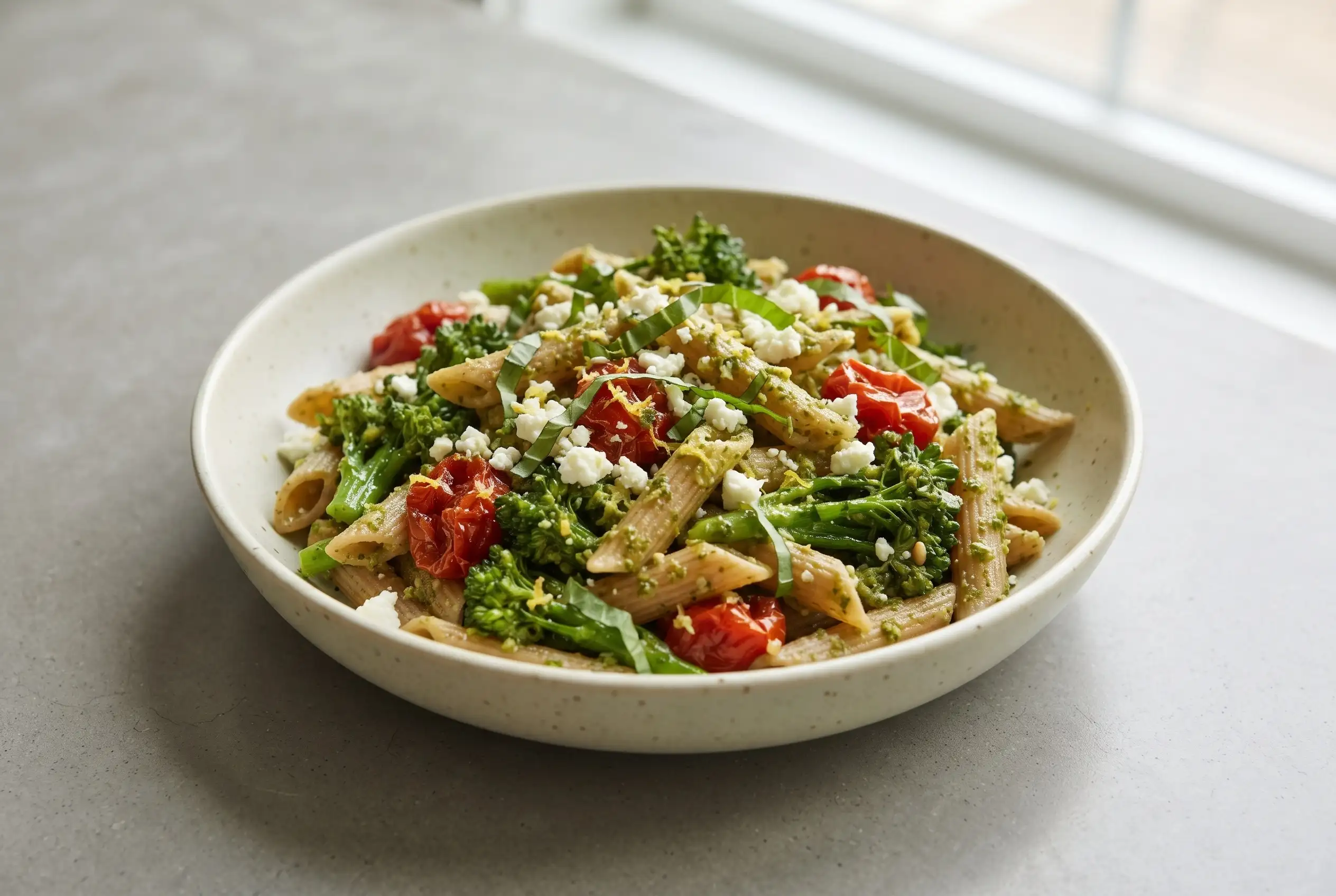 Lemon Pesto Penne Bowl Lemon pesto penne with roasted tomatoes, baby broccoli, basil, and feta in a bowl