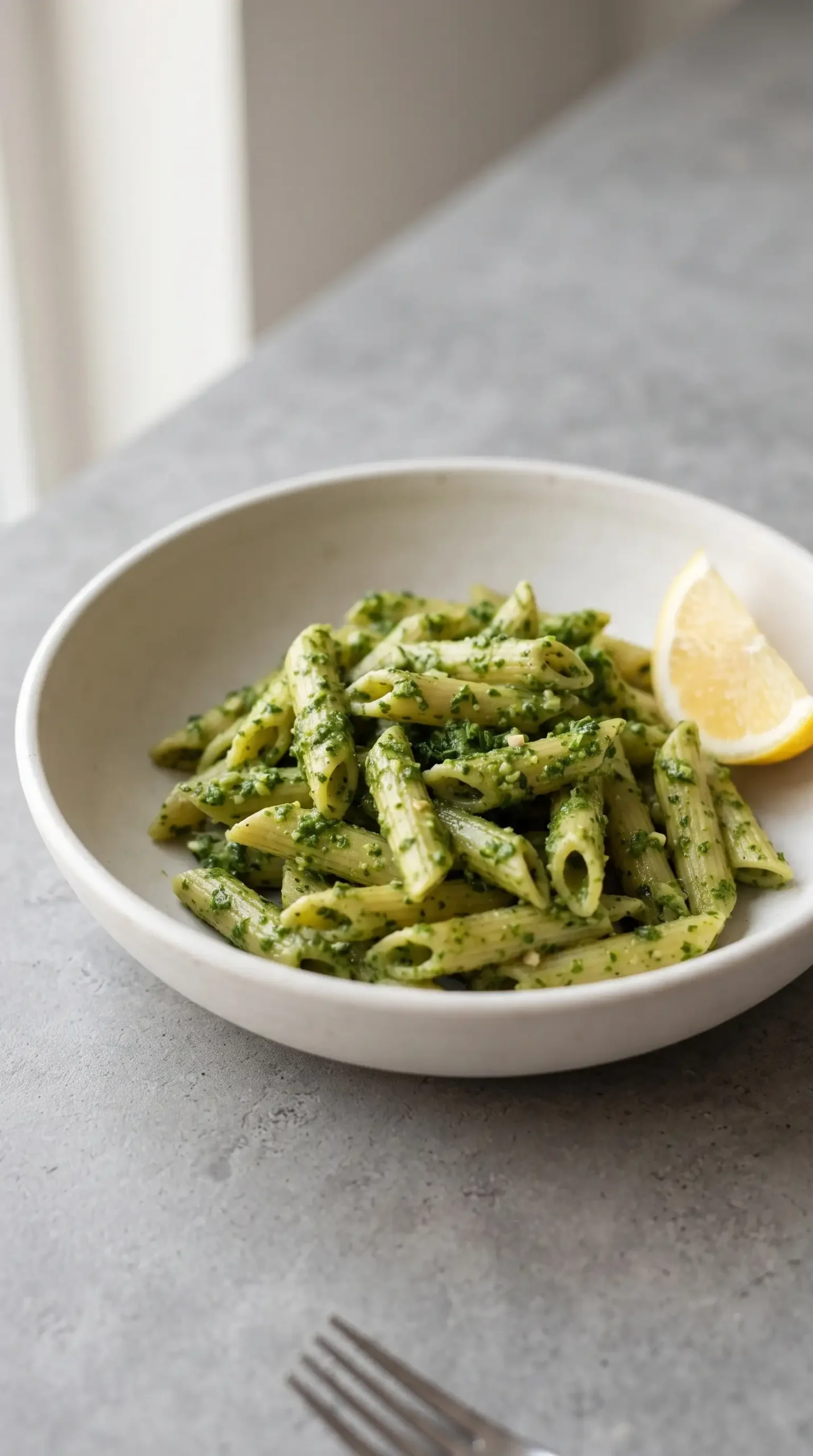 Pasta coated with vegan kale pesto served with a lemon wedge in a ceramic bowl