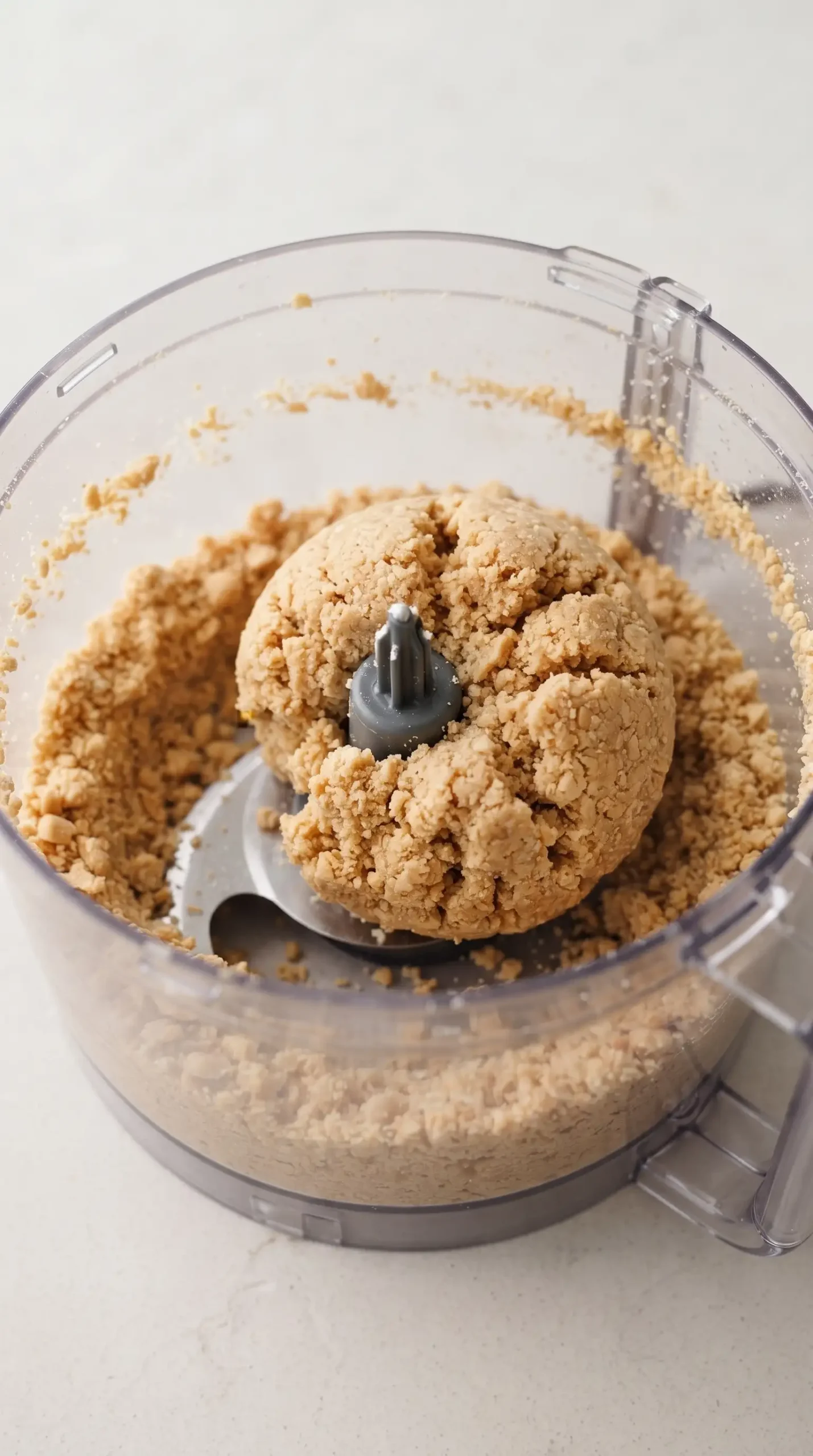 Ground roasted peanuts forming a dry ball in a food processor