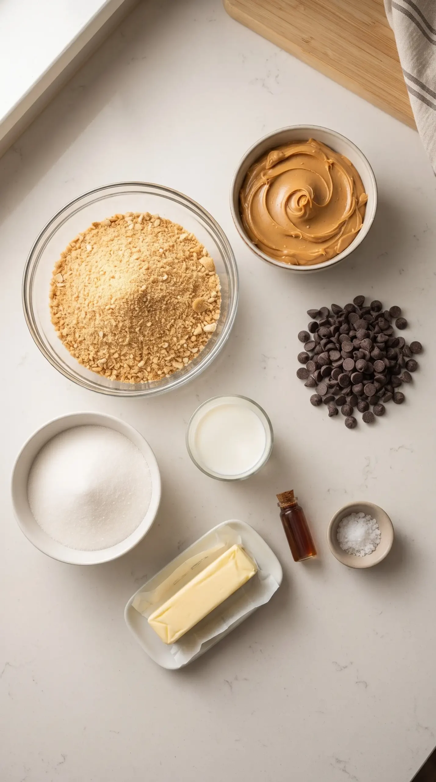 Ingredients for peanut butter fudge with crackers, peanut butter, chocolate chips, and sea salt