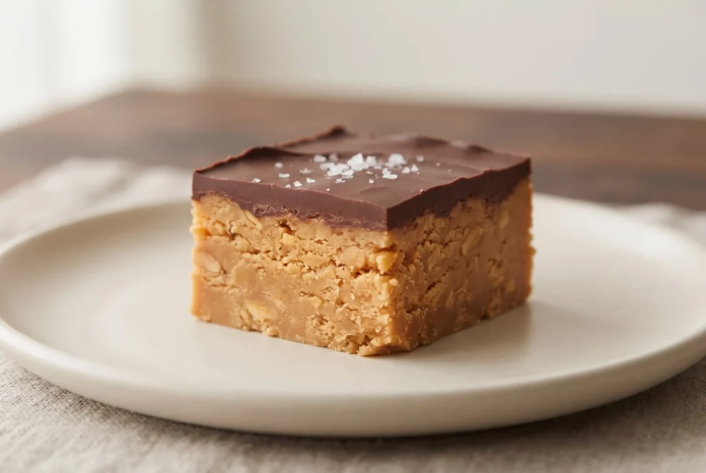 Square peanut butter fudge with chocolate topping and sea salt on a plate