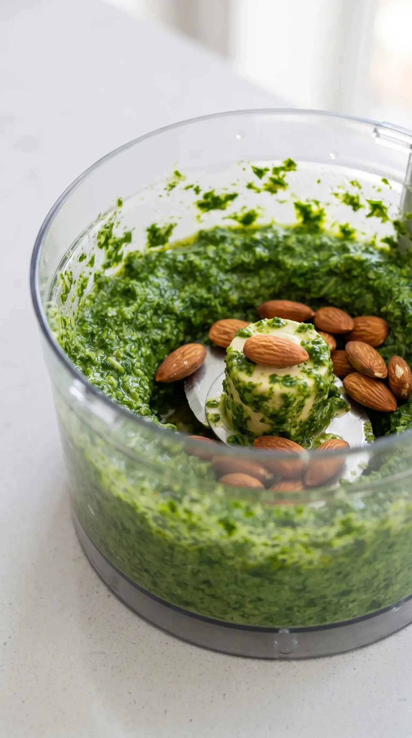Food processor bowl with green kale pesto mixture and raw almonds being added