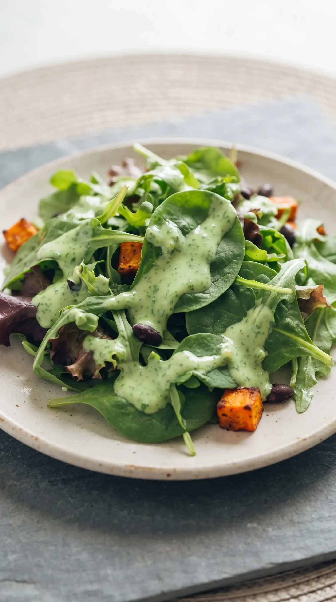 Leafy green salad topped with creamy avocado cilantro dressing drizzle