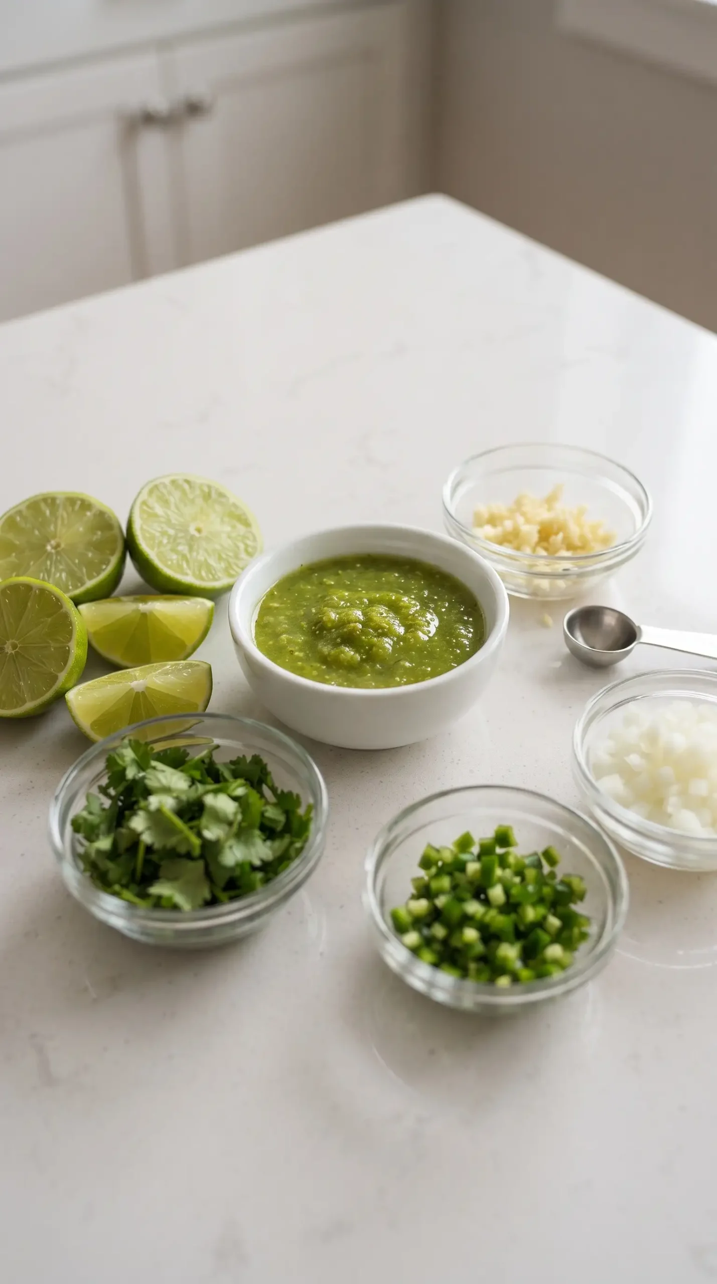 Fresh salsa verde ingredients with lime, cilantro, jalapeños, garlic, and onion