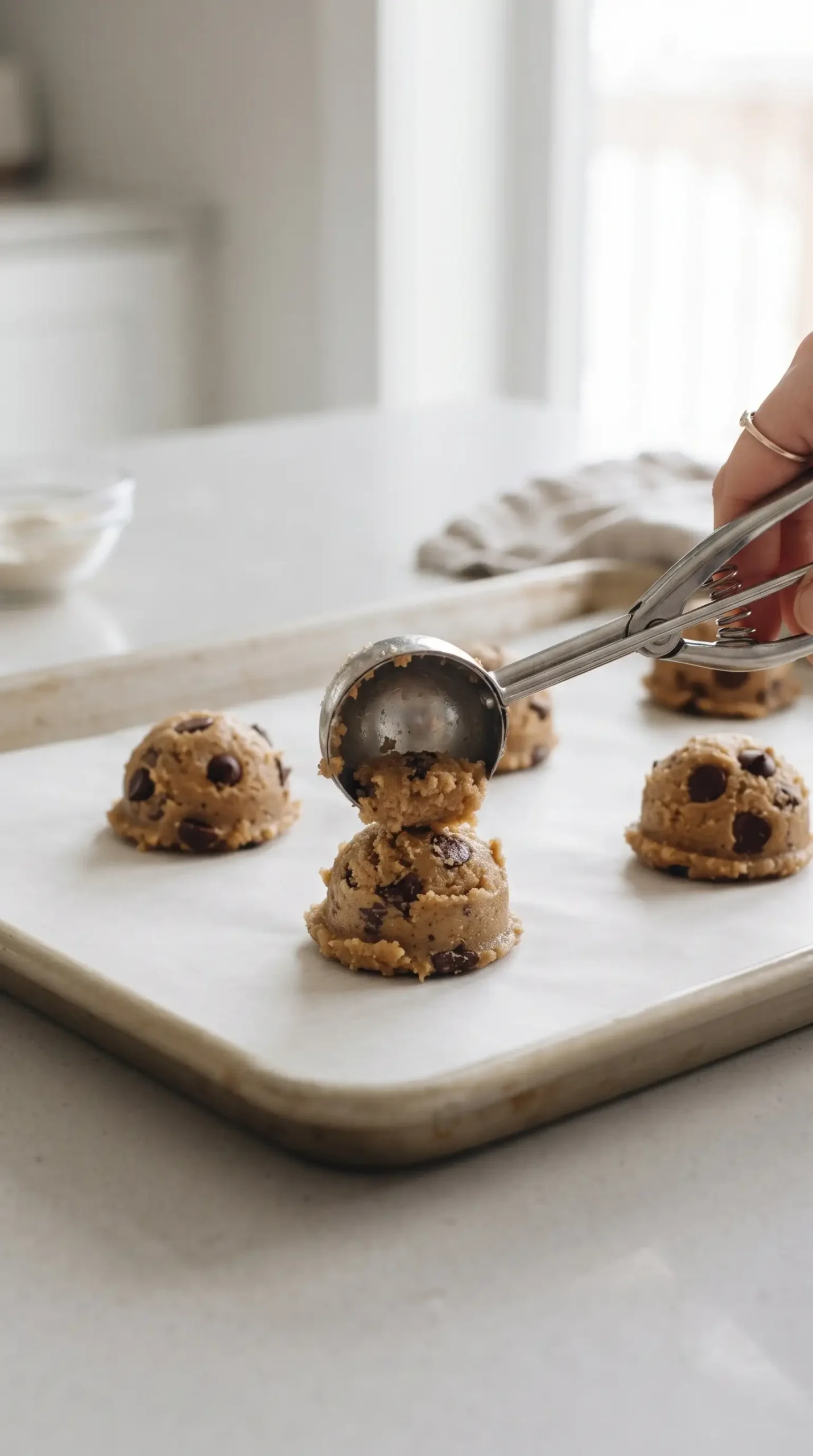 Scooped peanut butter cookie dough portions with chocolate chips on a baking sheet