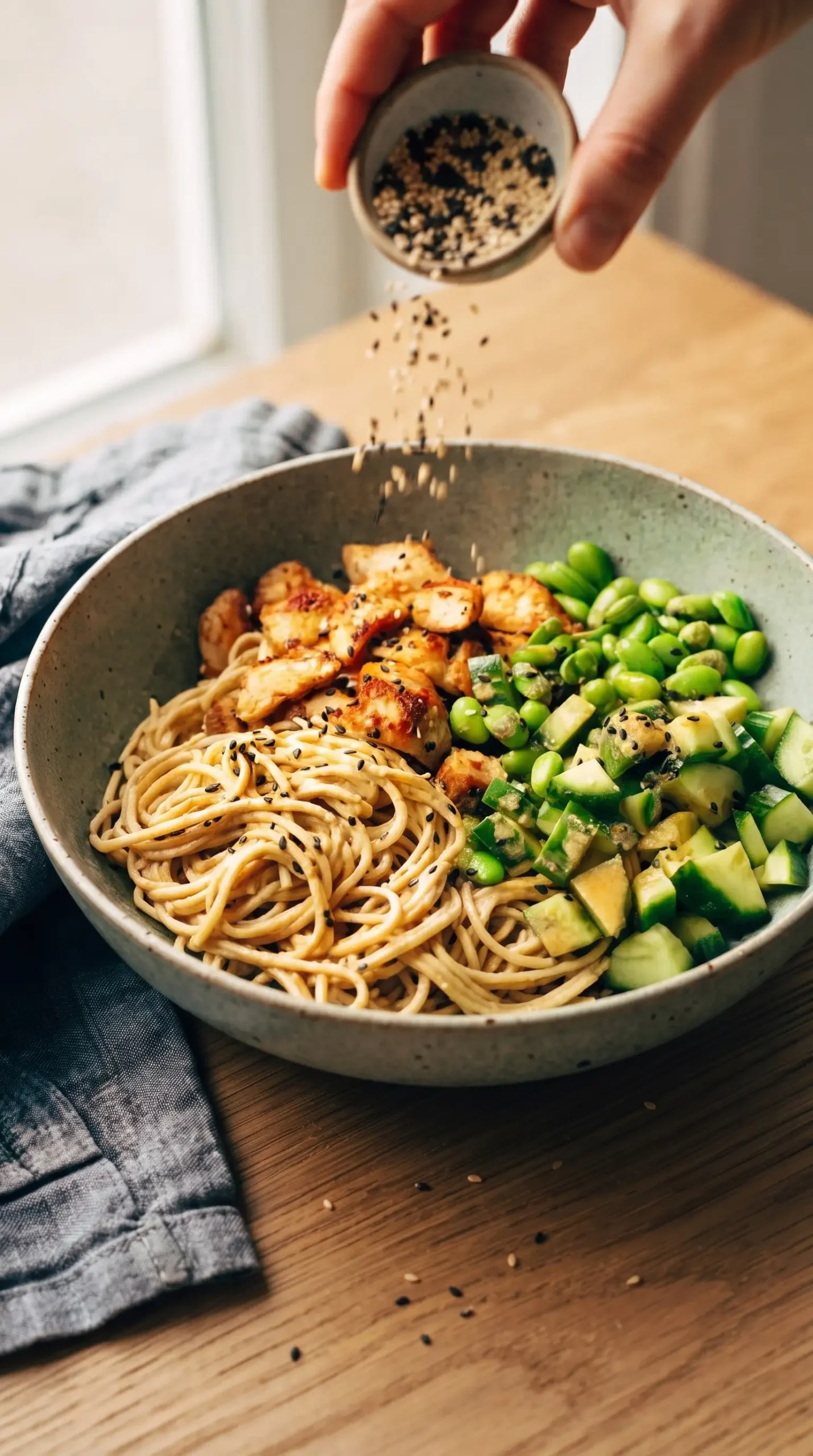 Sesame seeds sprinkled over a finished bowl of noodles with chicken and edamame