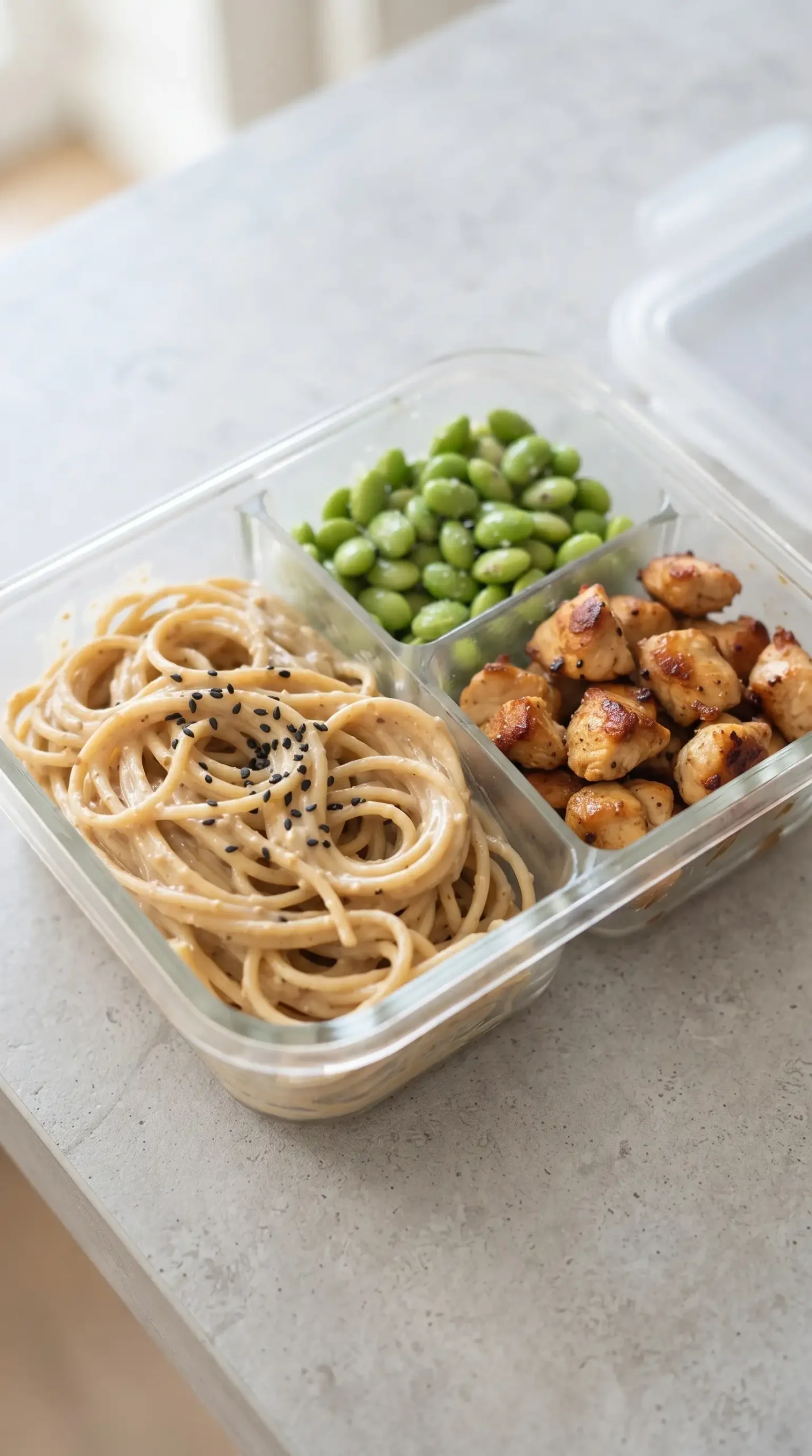 Meal prep container with sesame noodles, chicken, cucumber, and edamame