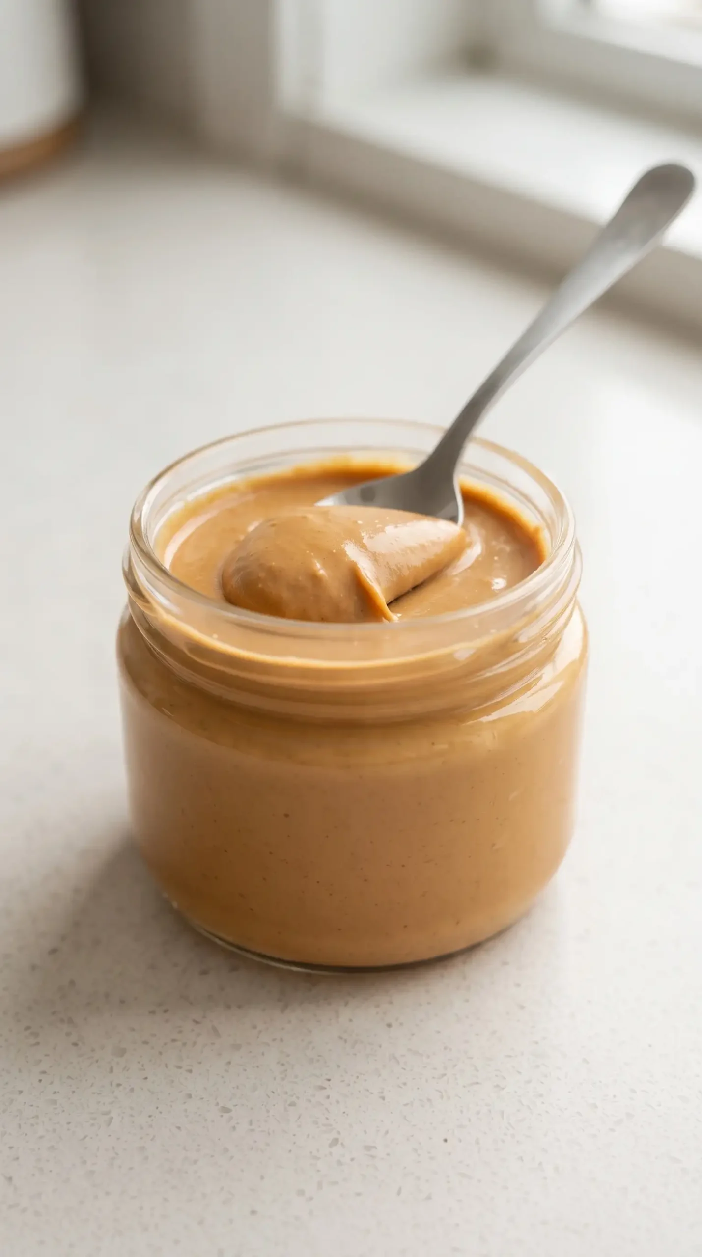 Jar of smooth homemade peanut butter with a spoon showing creamy texture