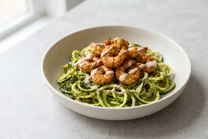Spicy shrimp pesto noodles with zucchini noodles and seasoned shrimp in a bowl