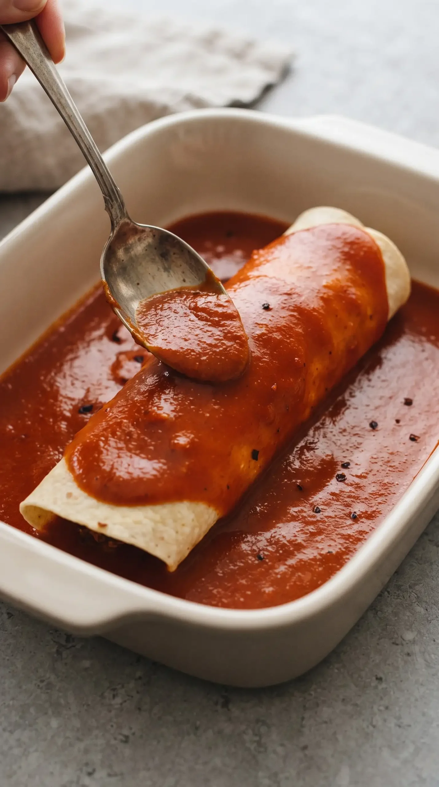 Professional close-up food photography of a single freshly assembled enchilada portion being coated with the exact smooth tomato-chile enchilada sauce, focusing on the sauce's practical thin, even consistency. Show one enchilada in a simple light-colored baking dish with a spoon or small ladle actively spreading the smooth red-orange sauce over its top and around the edges, with the sauce visibly flowing easily while clinging lightly to the tortilla. Keep the filling mostly concealed so the image centers on the sauce application rather than a finished plated meal. Use a clean neutral stone or ceramic surface, minimal props, natural window light, realistic sauce texture, no steam, no bubbling, no dramatic splashes, no extra enchiladas or decorative garnish. Authentic professional food photography with a natural, slightly imperfect appearance.