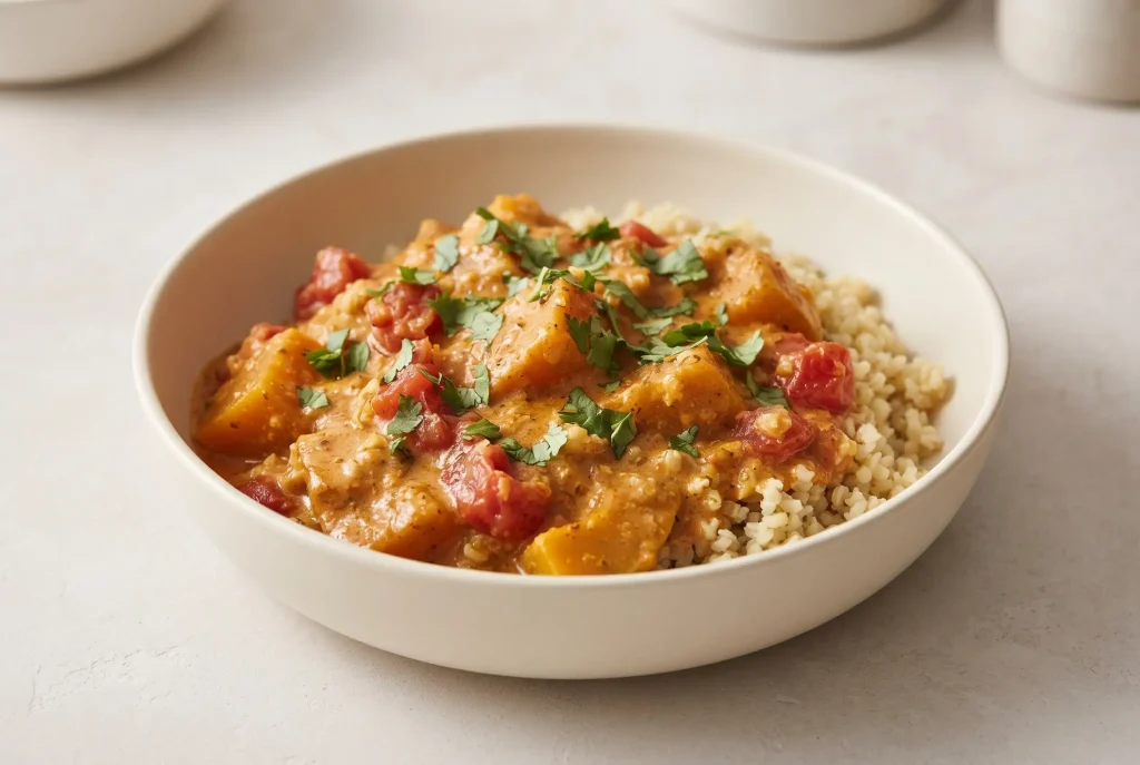 Squash coconut curry with peanut butter, tomatoes, and bulgur in a ceramic bowl