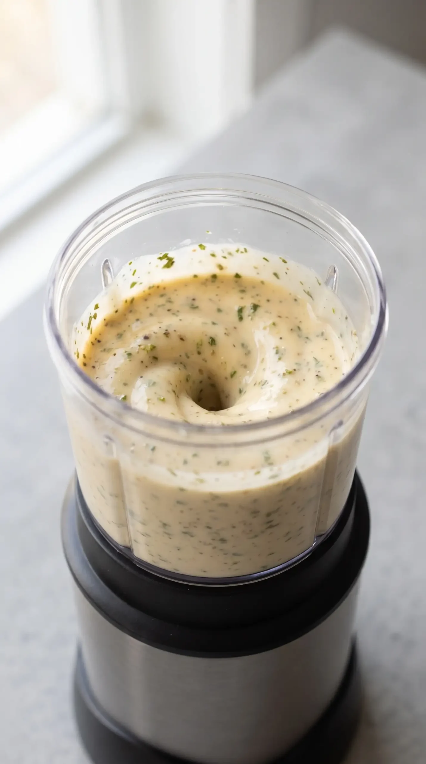 Sunshine sauce blending into a smooth golden emulsion with dried herbs in a blender