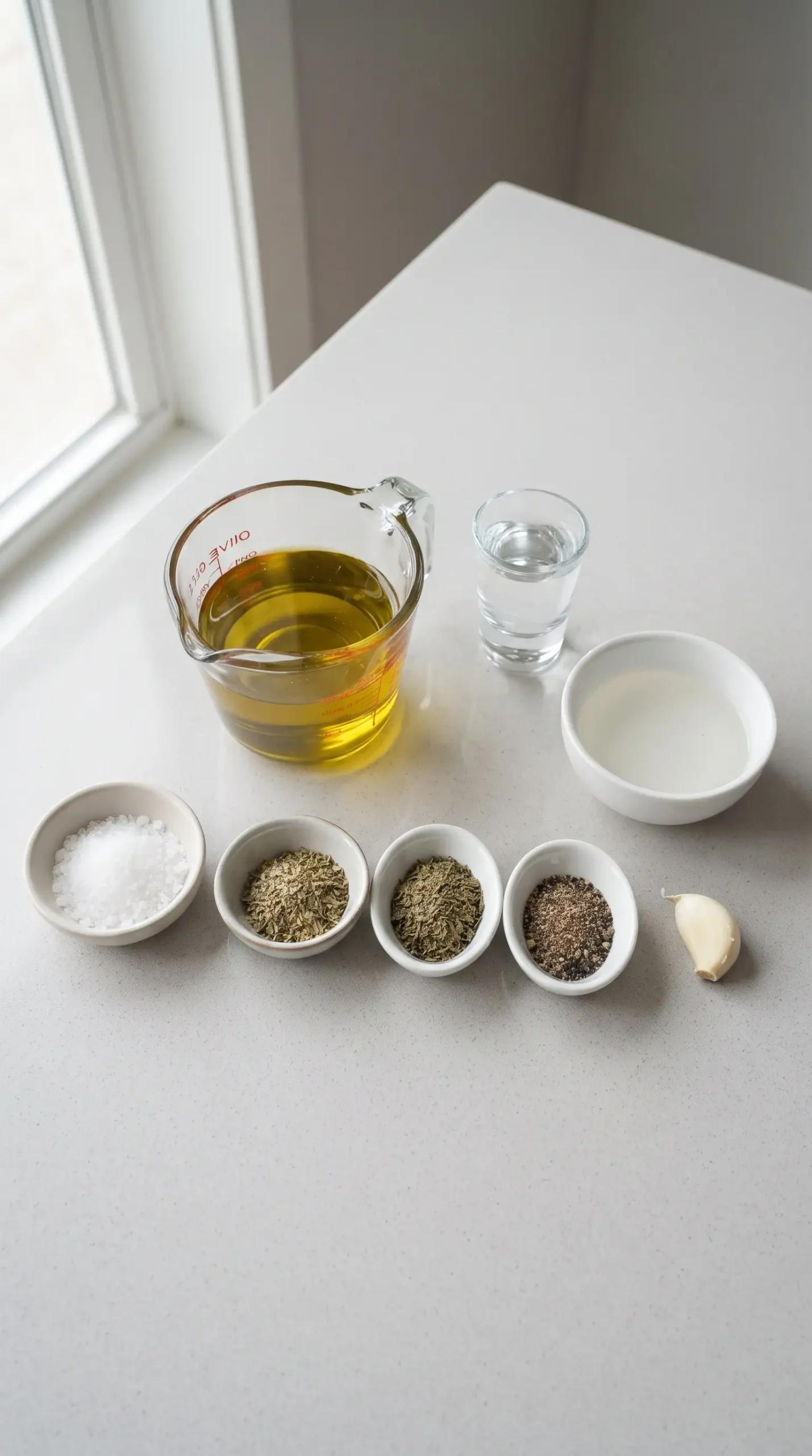 Olive oil, vinegar, herbs, garlic, salt, and pepper prepared for sunshine sauce