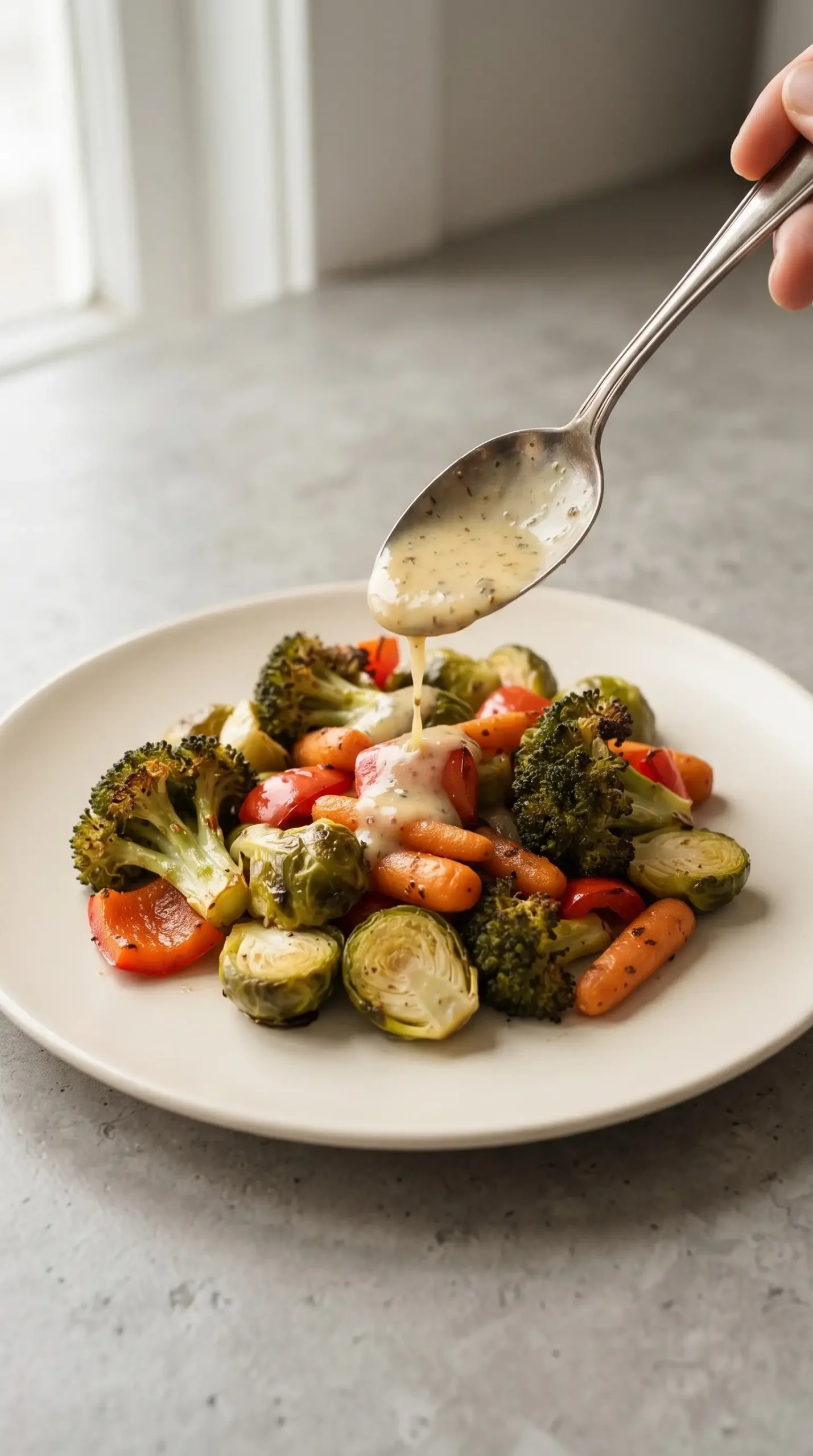 Roasted vegetables topped with creamy sunshine sauce and herb flecks