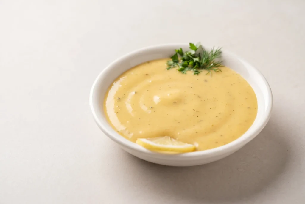 Bowl of creamy sunshine sauce with olive oil and dried herbs on a light surface