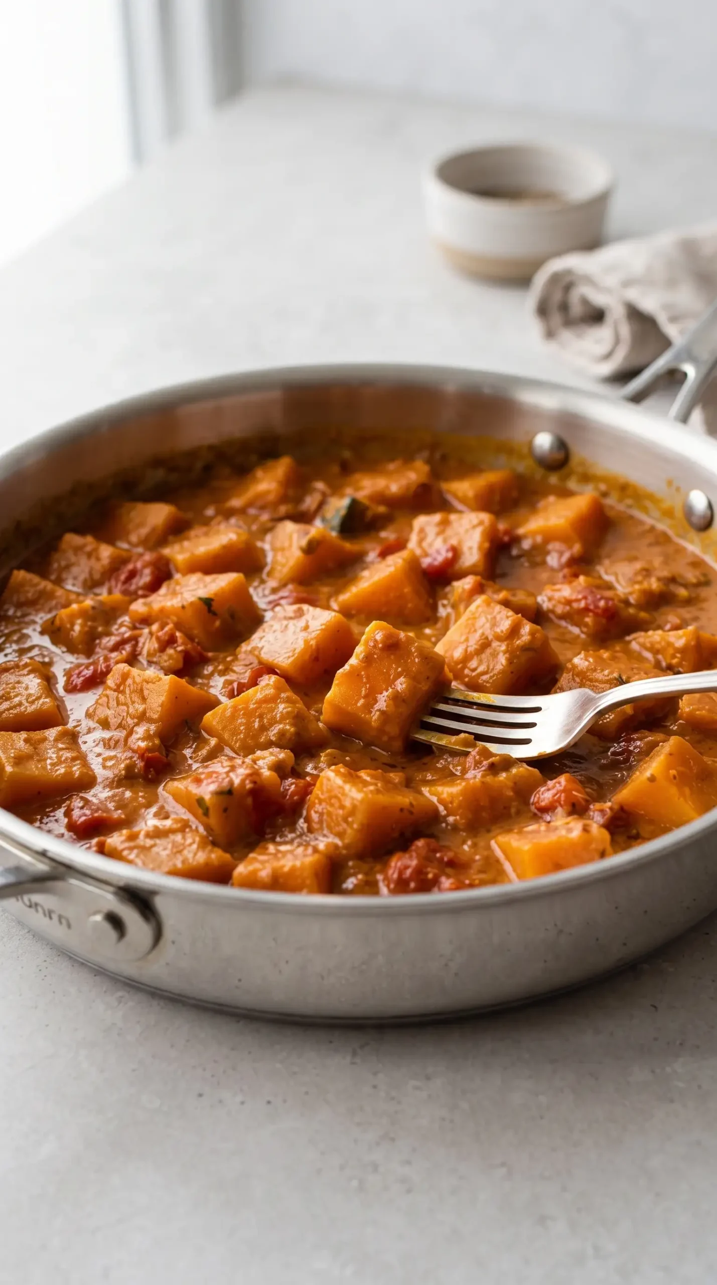 Tender squash pieces simmering in thick coconut curry sauce in a skillet