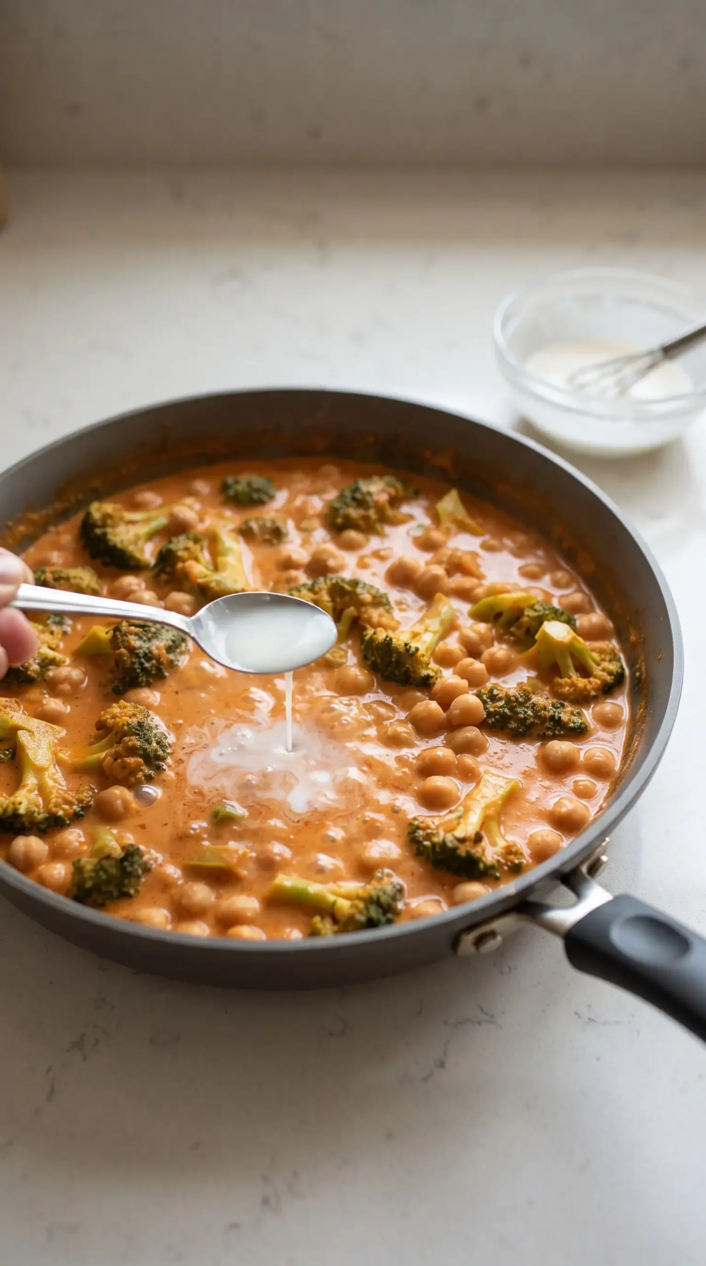 Cornstarch slurry added to chickpea and broccoli coconut curry sauce