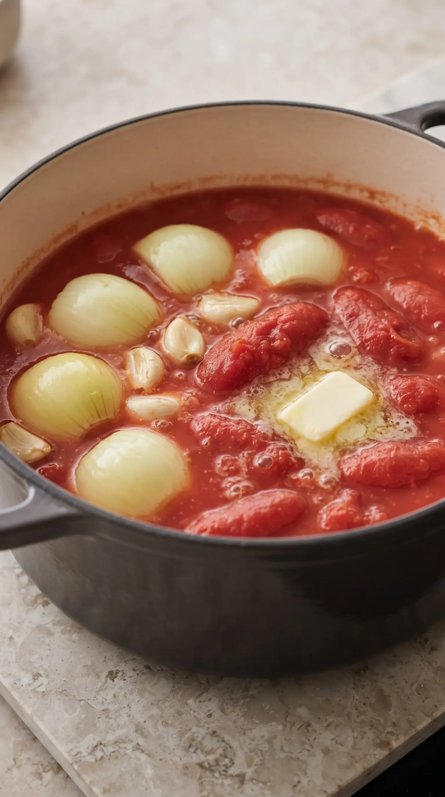 Tomato soup base simmering with tomatoes, butter, onion, and garlic in a Dutch oven