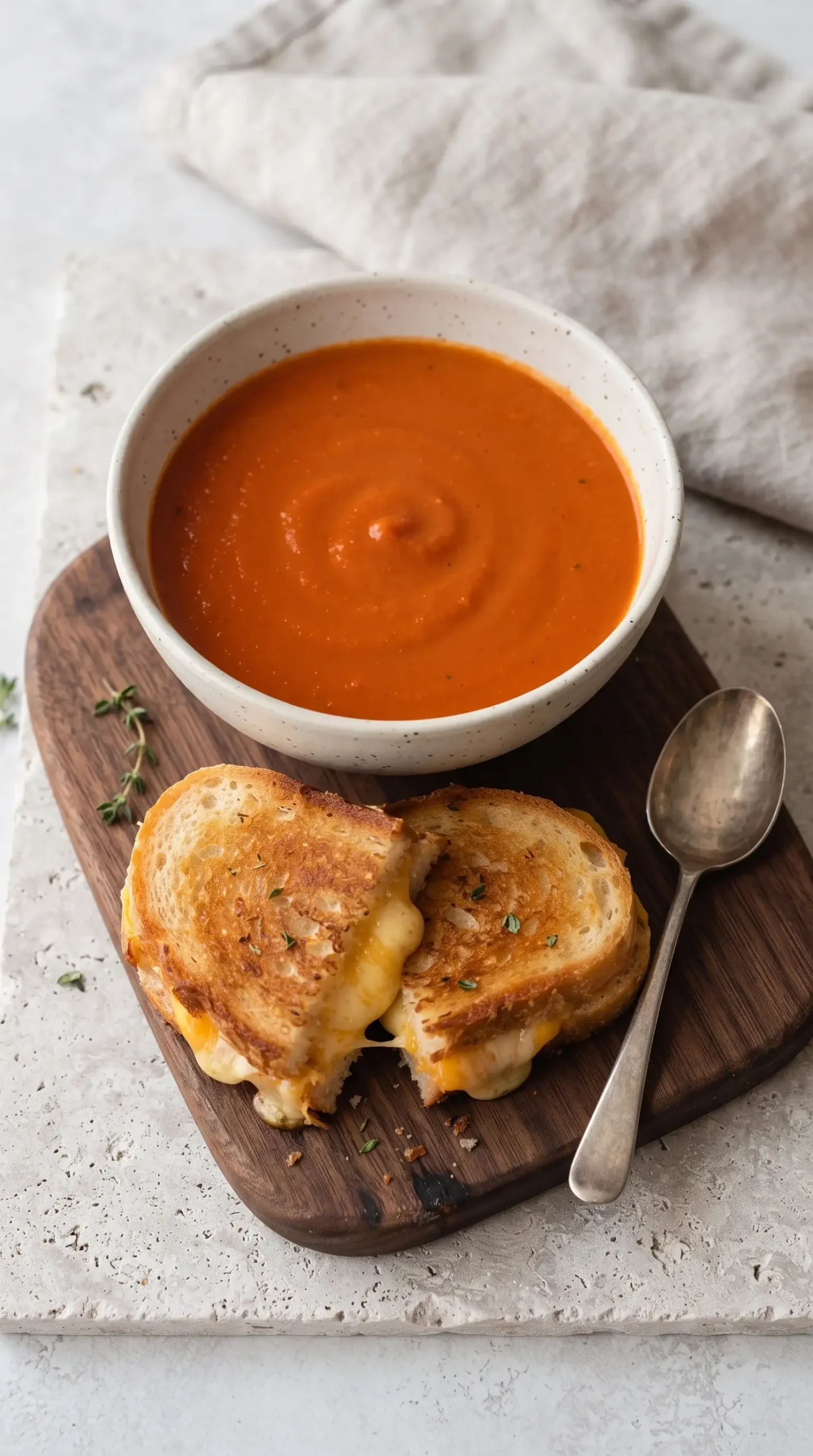Smooth tomato soup served with a grilled cheese sandwich beside the bowl