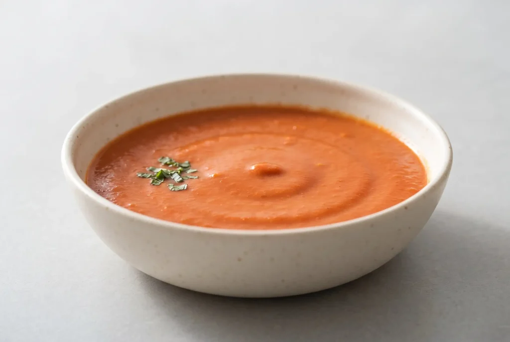 Creamy tomato soup with San Marzano tomatoes and salted butter in a ceramic bowl