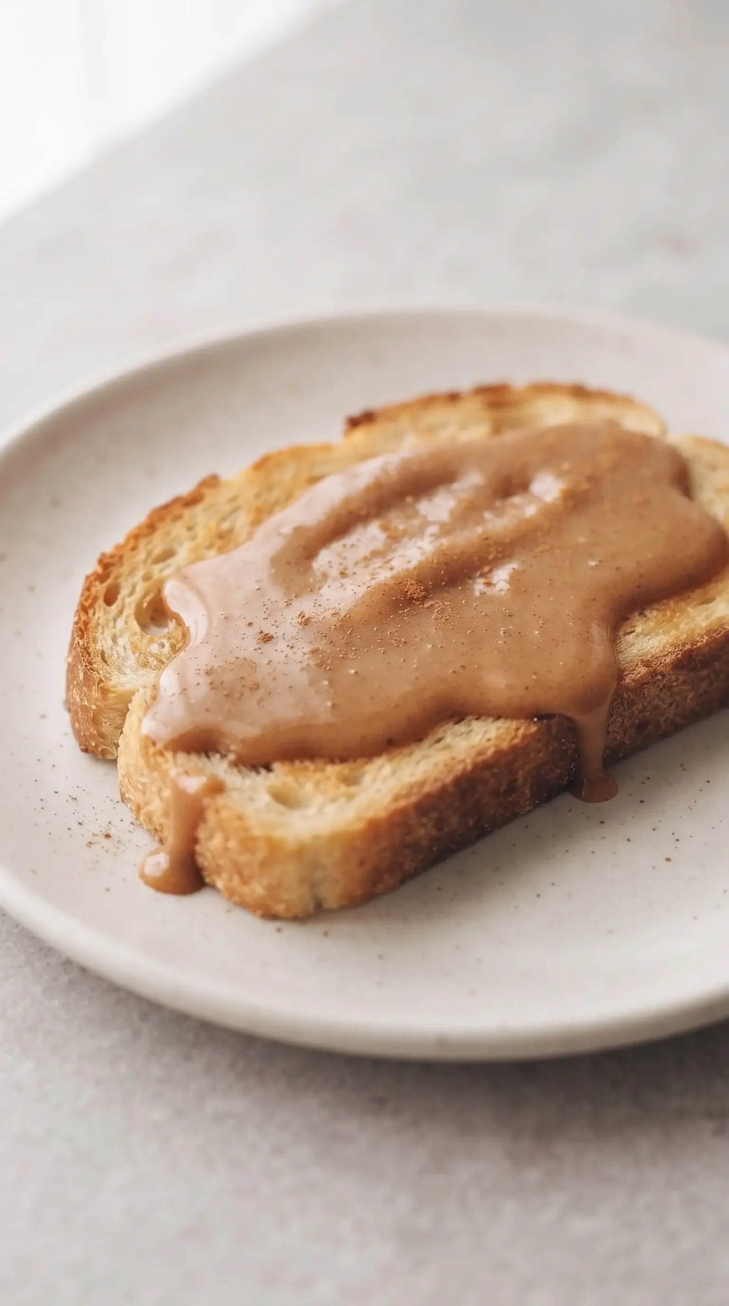 Professional close-up food photography of one finished serving of the exact vegan caramel sauce spooned and drizzled over a single piece of golden toast, showing the sauce's thick but pourable creamy texture clearly on the surface. The vegan caramel sauce should have a natural glossy tan-brown color and visibly contain the flavor profile of maple syrup and almond butter; add only a very subtle pinch of cinnamon on the toast if used as the finishing note. Keep the toast as the single primary serving subject, with the sauce forming a modest natural drizzle rather than an exaggerated pour. Use a simple pale ceramic plate on a light neutral stone surface, soft natural window light, realistic shadows, shallow depth of field, and a close crop. No multiple servings, no fruit, no extra dessert portions, no syrup bottle, no decorative linens, no wooden background, no artificial shine, and no steam or other dramatic effects.