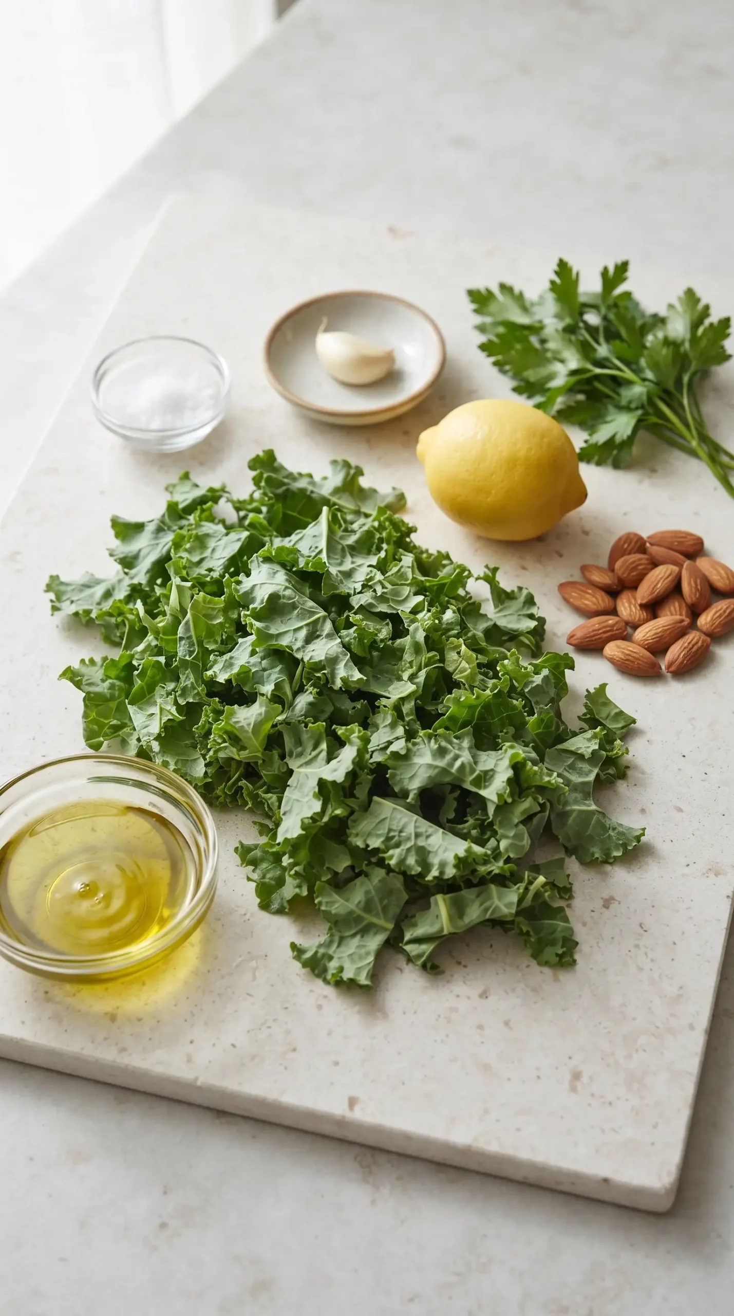 Kale, parsley, raw almonds, lemon, garlic, salt, and olive oil for vegan kale pesto