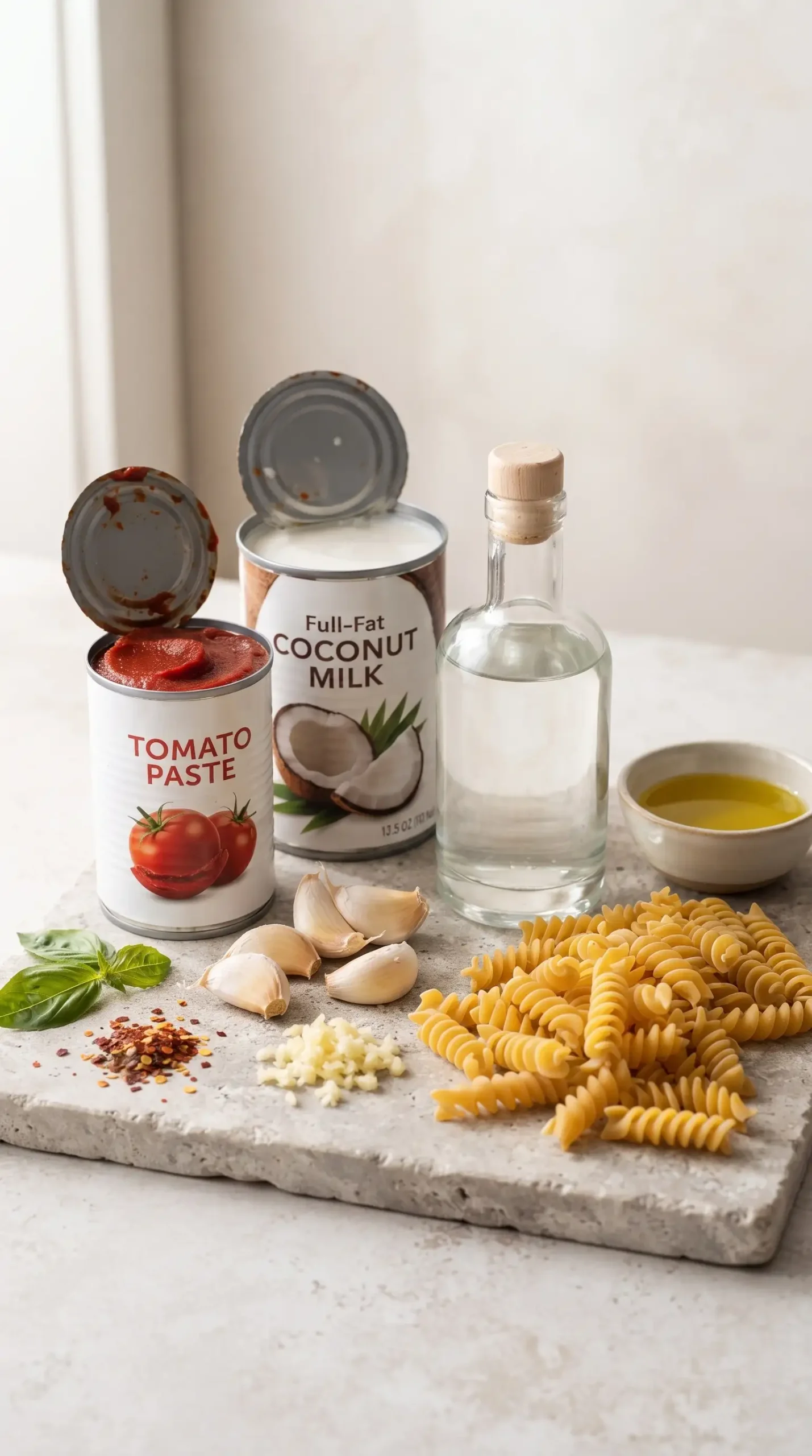 Ingredients for vegan vodka pasta including tomato paste, coconut milk, vodka, garlic, oil, and rotini