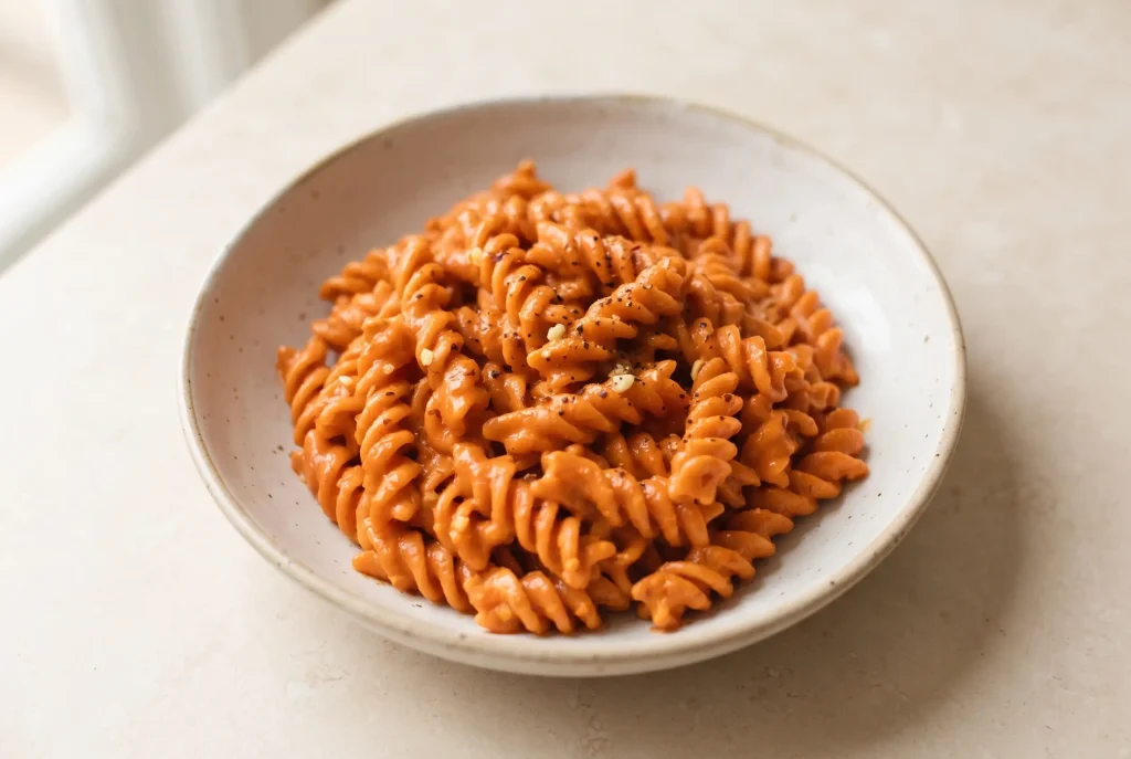Vegan vodka pasta with rotini in a creamy tomato and coconut milk sauce
