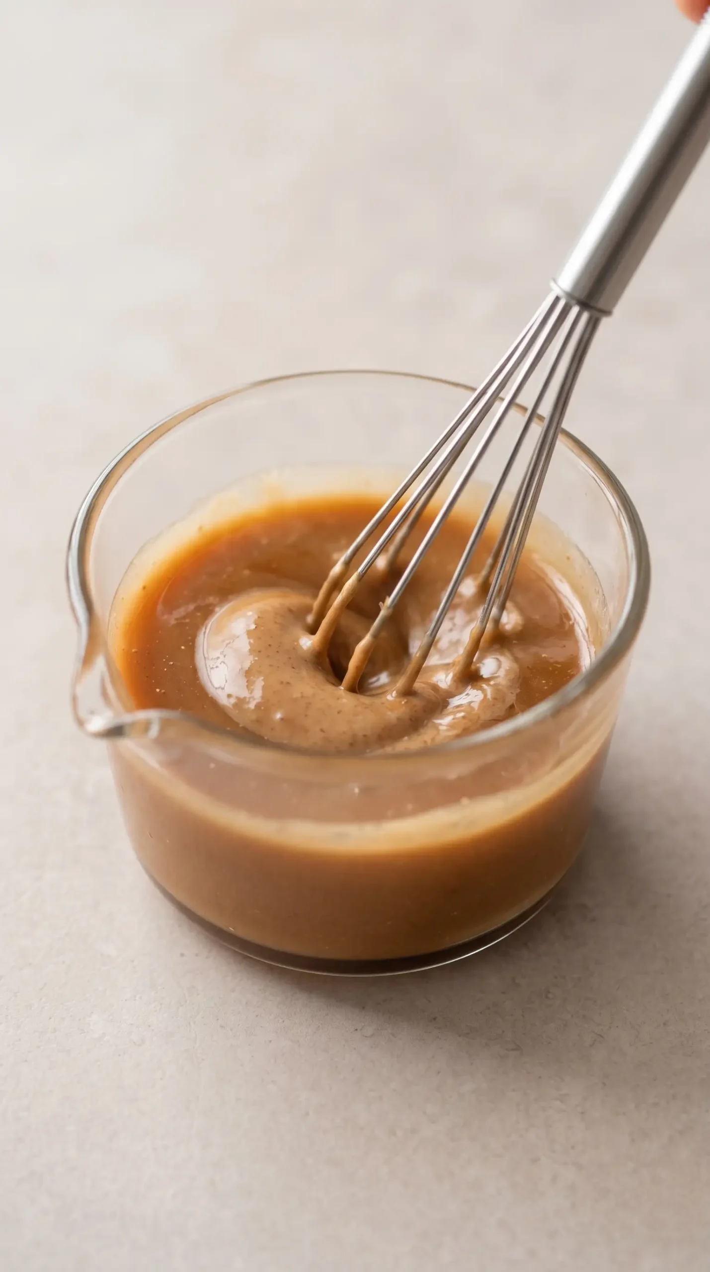 Almond butter whisked into warm coconut oil and maple syrup for vegan caramel sauce