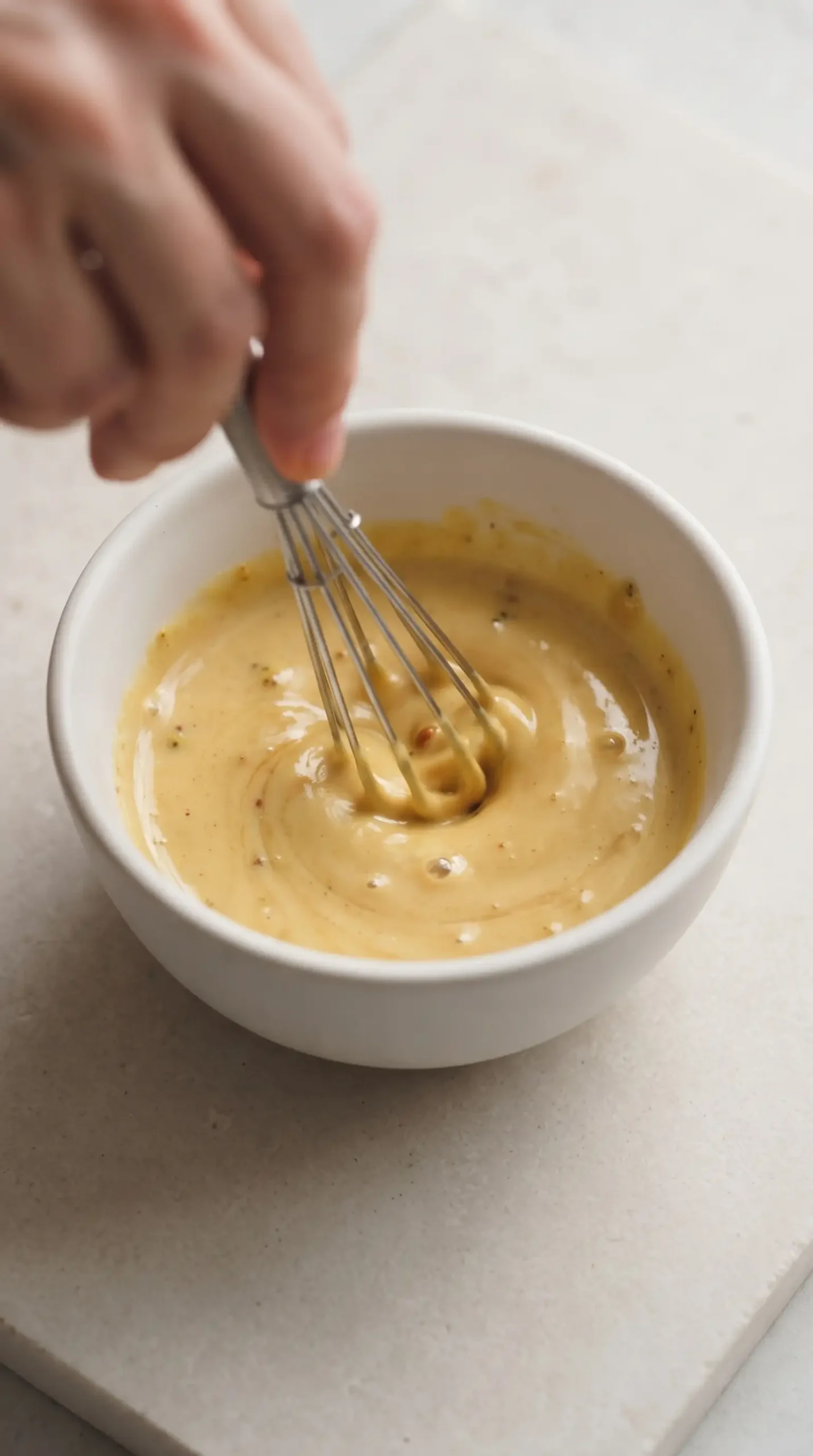 Whisking ingredients together to make smooth honey mustard sauce