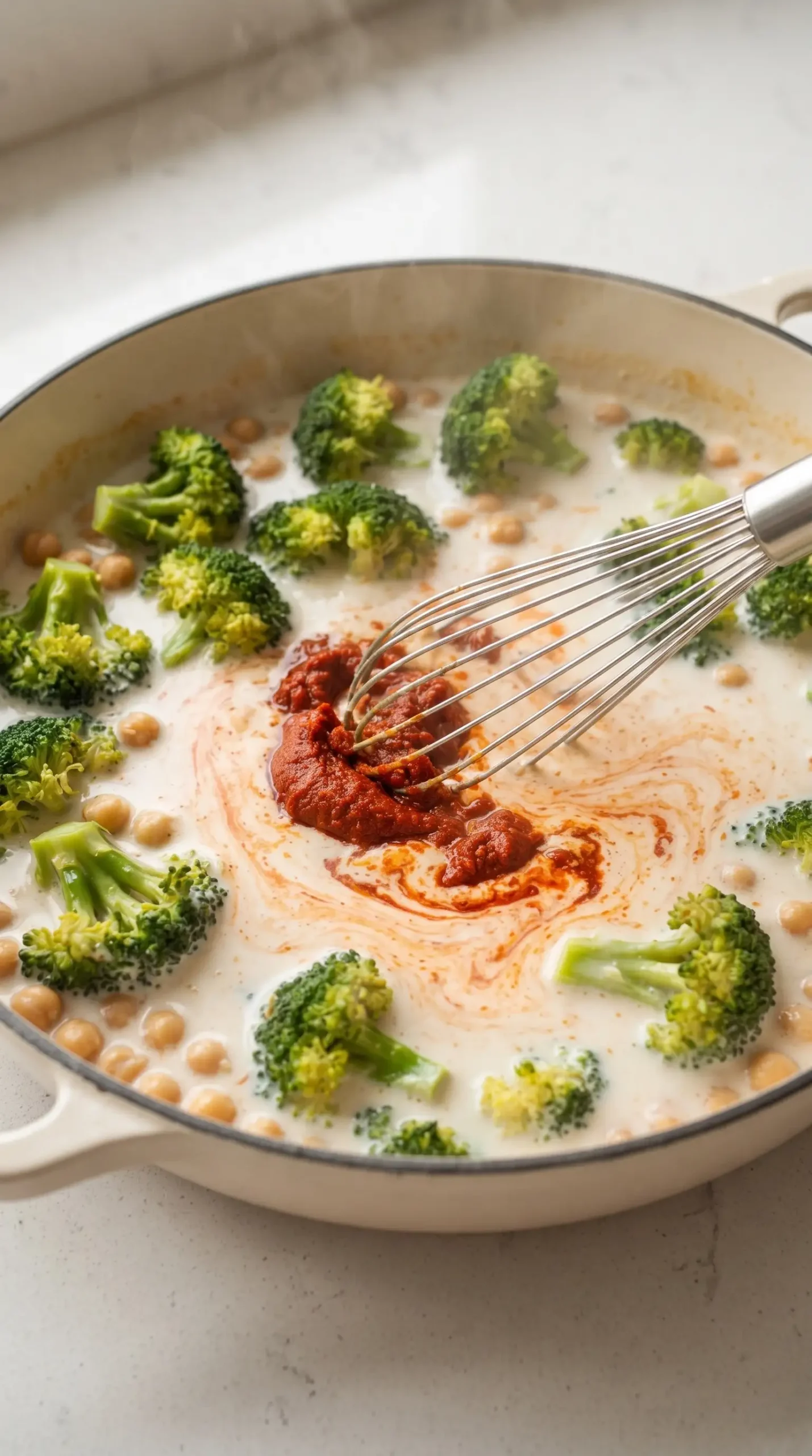 Red curry paste whisked into coconut milk with broccoli in a skillet