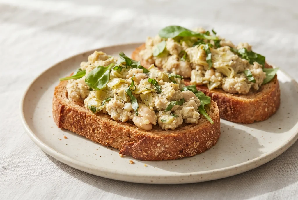 White bean artichoke toasts with basil, lemon, and a textured bean topping on crisp bread