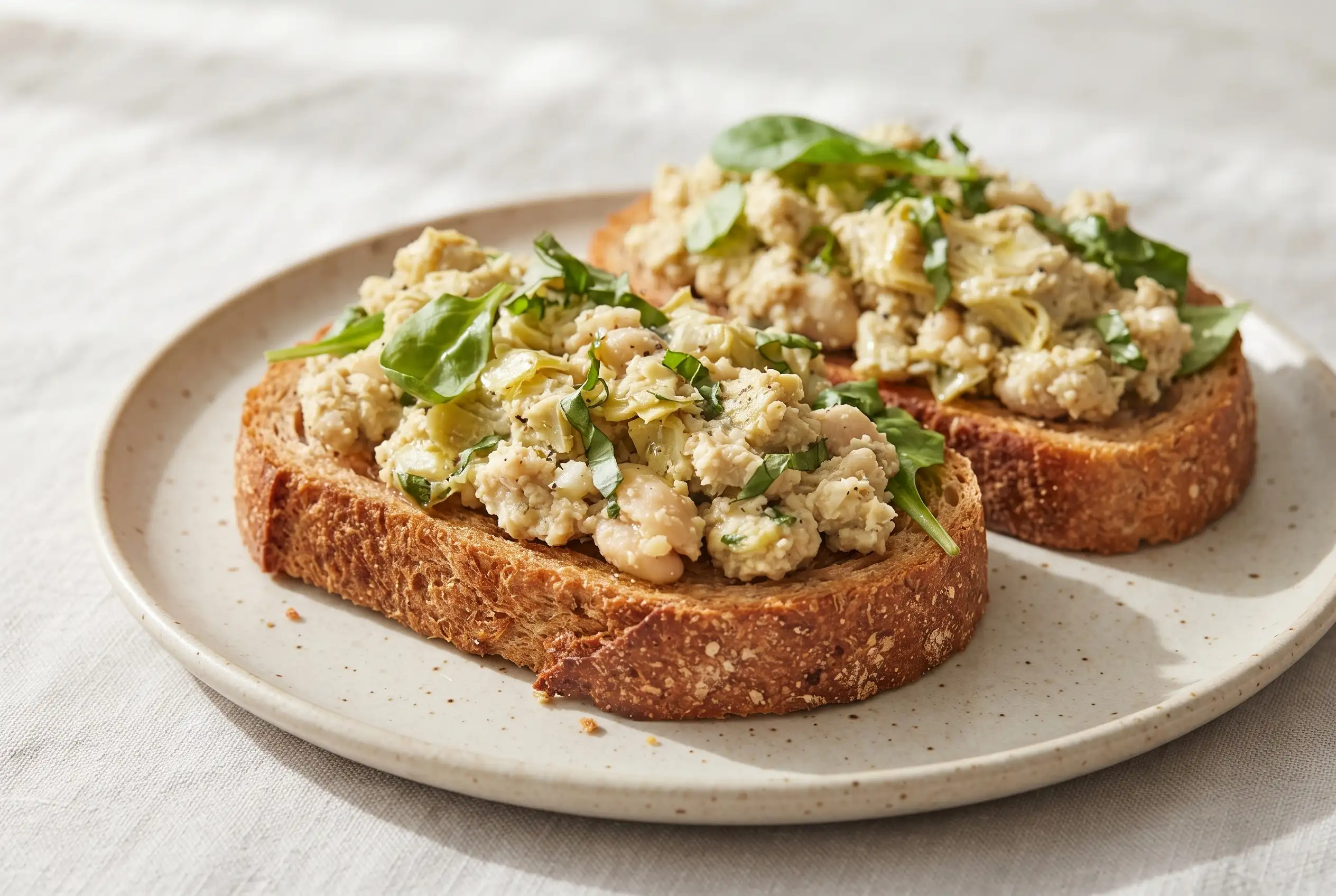 White bean artichoke toasts with basil, lemon, and a textured bean topping on crisp bread